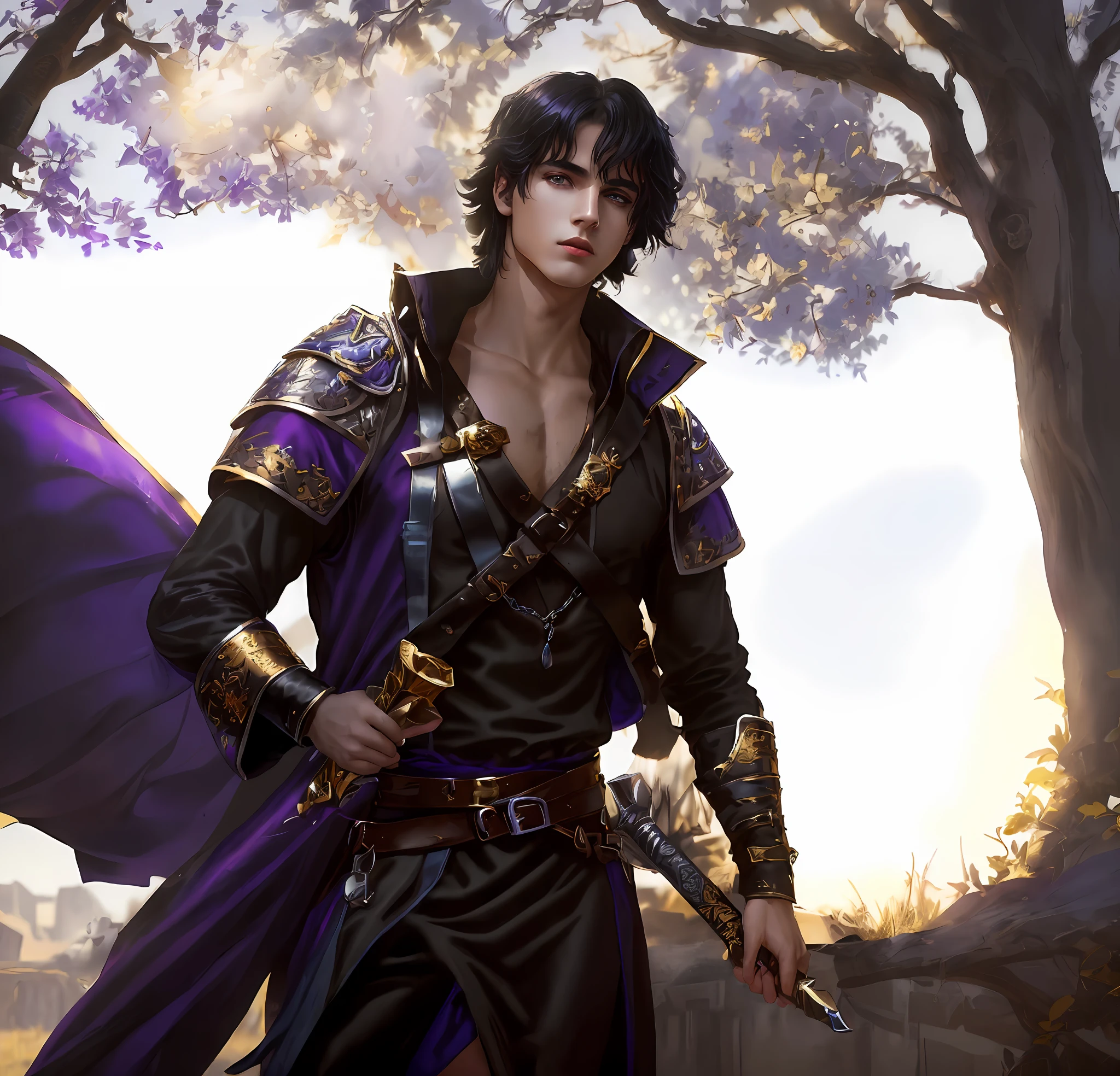 1 Young Man, (((solo))), (he has white skin, blue eyes, straight black hair with fringe up to his shoulders, lean body, youthful face, wine-stained lips: 1.15), (he wears medieval noble clothes, black and purple in color with gold metals and silver, with a transverse leather strap, carries a silver scimitar)