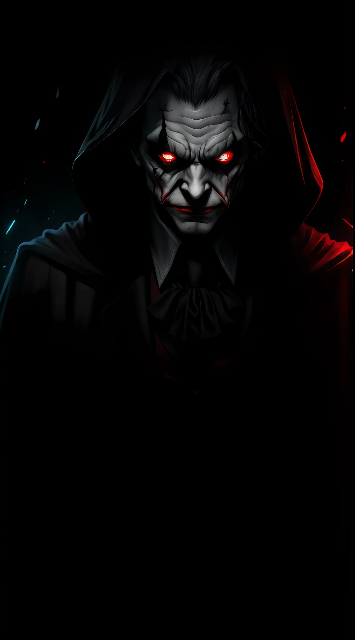 (dark shot: 1.1), epic realistic, Joker in the dark with glowing red eyes and glowing cape, soft cinematic light, Adobe Lightroom, darkroom, HDR, intricate, highly detailed, (depth of field: 1.4), hyper-detail (artstation: 1.4), cinematic, warm light, dramatic light (complex details: 1.1)