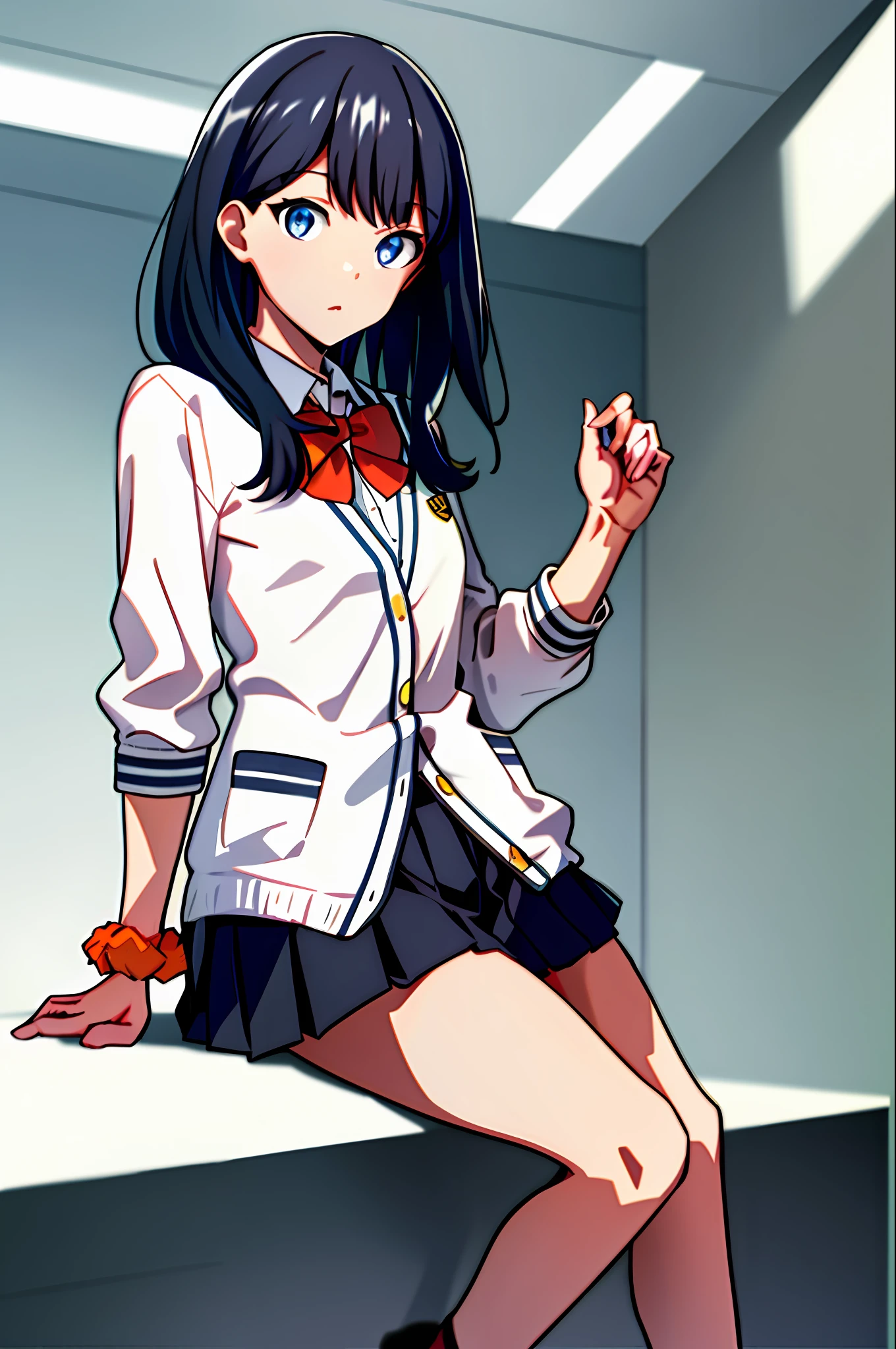 masterpiece, best quality, highres, takarada rikka, rikka1, 1girl, takarada rikka, black hair, solo, blue eyes, wrist scrunchie, long hair, red socks, school uniform, black skirt, bangs, pleated skirt, orange scrunchie, red bow, white cardigan, long sleeves, bowtie, loafers, white shirt, miniskirt, white sweater, small breasts.