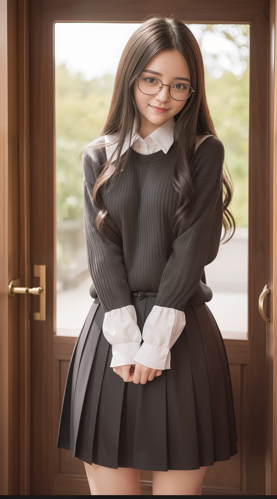 masterpiece, highest quality, 1girl, pale, white, green eyes, (long black wavy hair), ((small breasts)), ((nerdy)), glasses, smiling, innocent, cute, purple sweater, black skirt, ((full body portrait)), ((school background))