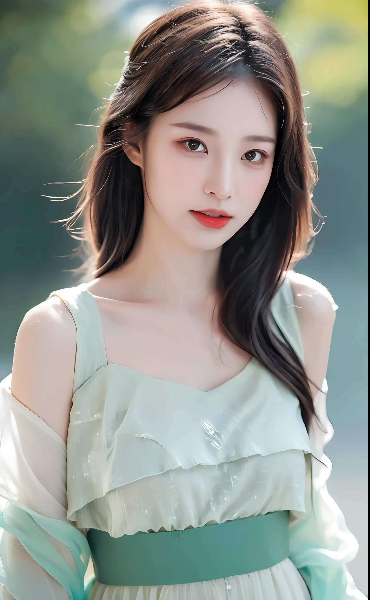 ((Best Quality, 8k, Masterpiece:1.3)), Focus:1.2, Perfect Body Beauty:1.4, Buttocks:1.2, ((Layered Haircut)), (Wet Clothes:1.1), (Rain, Street:1.3), (Breasts: 1.2), (Hanfu: 1.2), Bare Shoulders, Bare Legs, Highly Detailed Face and Skin Texture, Delicate Eyes, Double Eyelids, Whitened Skin, Long Hair, (Shut Up: 1.5), (Bokeh Background: 1.5)