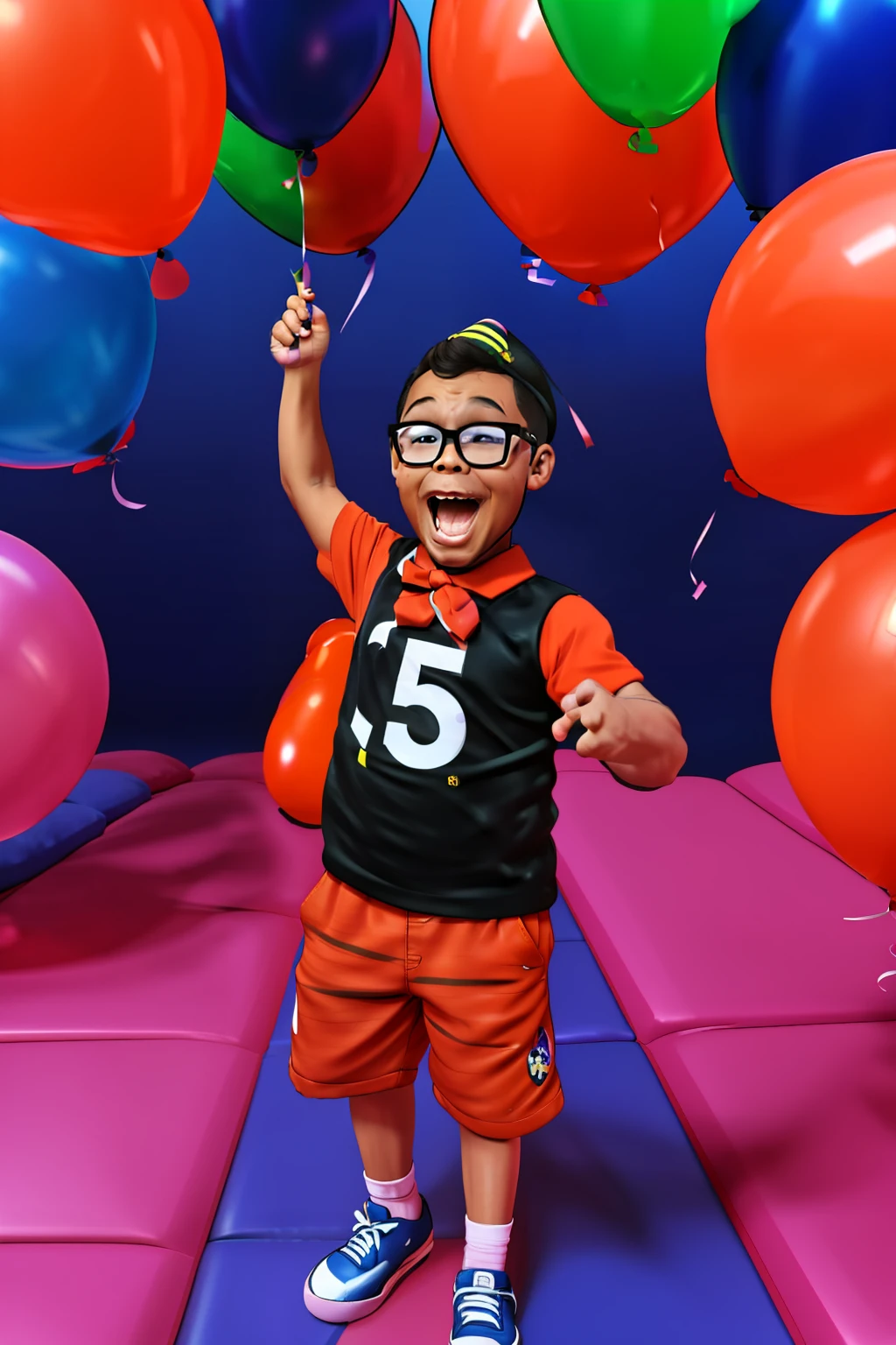guttonerdvision5, Based on the prompt, I would create an animated scene featuring a 3--old wearing glasses. He would be depicted with a detailed and sharp face, wearing a birthday party hat and holding a floating birthday balloon. The scene would be filled with a vibrant and festive atmosphere, with an abundance of party balloons surrounding the boy.
The boy's joyful expression would be captured, highlighting his excitement and anticipation for his special day. The details of his glasses, hat, and balloon would be carefully rendered to reflect the style of artist Alex Ross, known for his intricate illustrations.
The background would be adorned with colorful and whimsical party decorations, with a variety of balloons in different shapes, sizes, and colors floating in the air. The dynamic motion of the balloons would add a sense of playfulness and movement to the scene.
The animation would bring the scene to life, with the boy's eyes sparkling, the balloon gently swaying, and the surrounding balloons subtly floating in the air. The overall animation style would reflect the charm and joy of a child'shday celebration.
This prompt would result in an animated illustration by Alex Ross that captures the innocence, excitement, and fun of a 3-year-old boyirthd immersing the viewer in a vibrant and festive world of balloons and celebration.