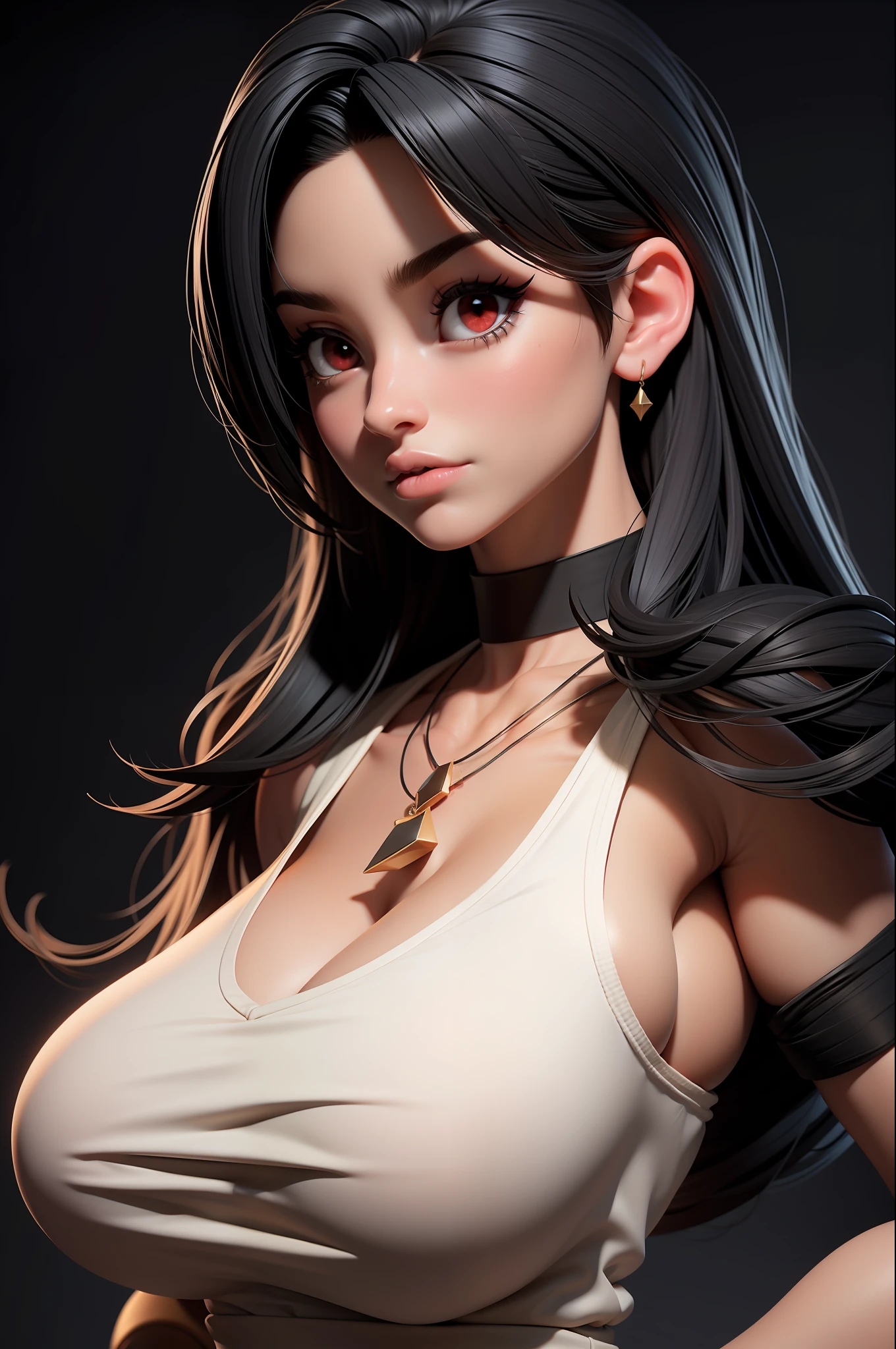 masterpiece, best quality,3d rending work ,3DMM style,close-up,portrait, 3D,1girl, solo, black hair, necklace, jewelry, looking to the side, realistic, upper body, simple background, bangs, looking away, long black hair, parted lips, choker, makeup, mole, white tank top, red eyes, tifa lockhart, (huge breasts:1.5)