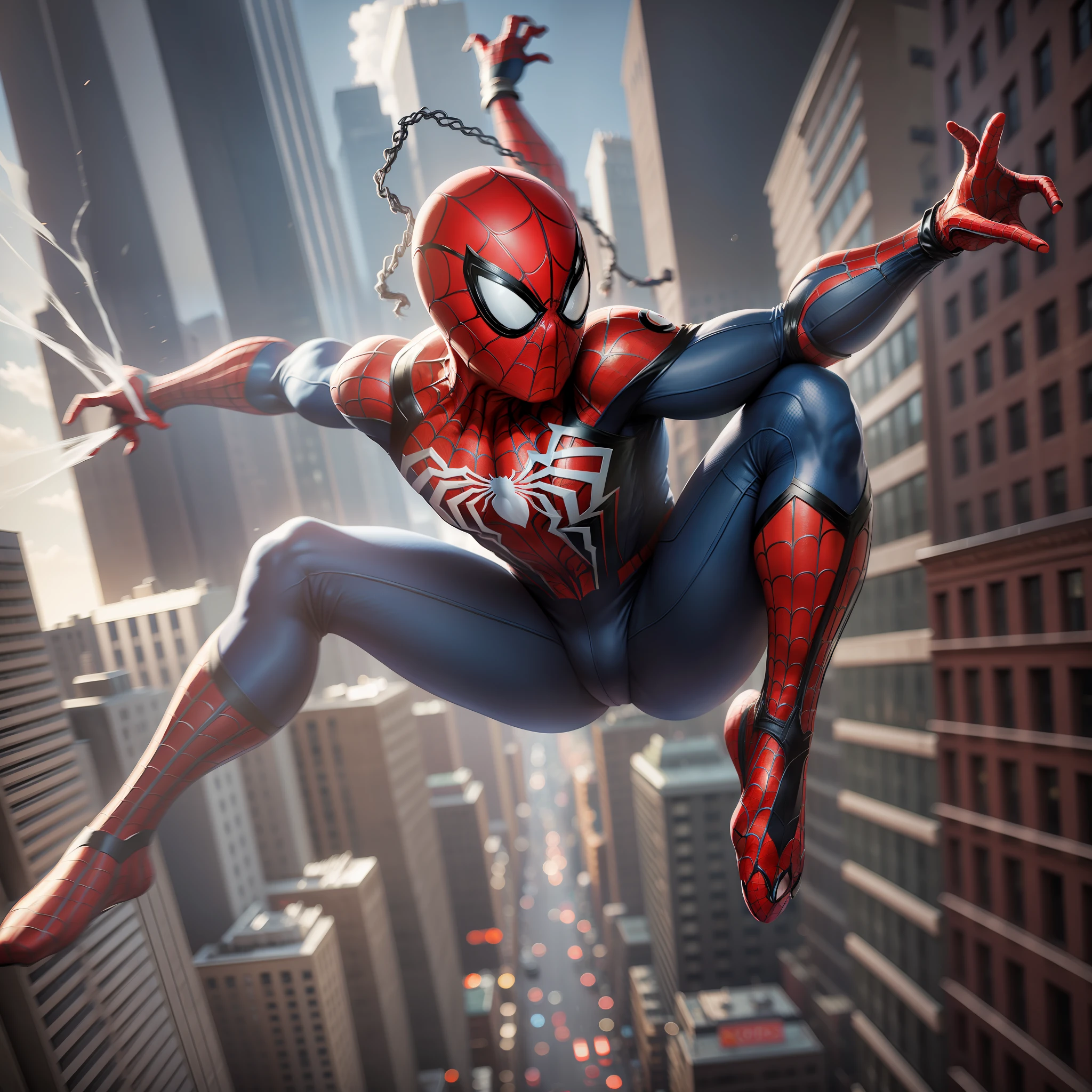 spider man swinging through New York photorealistic, ultra detailed, 8K, realistic