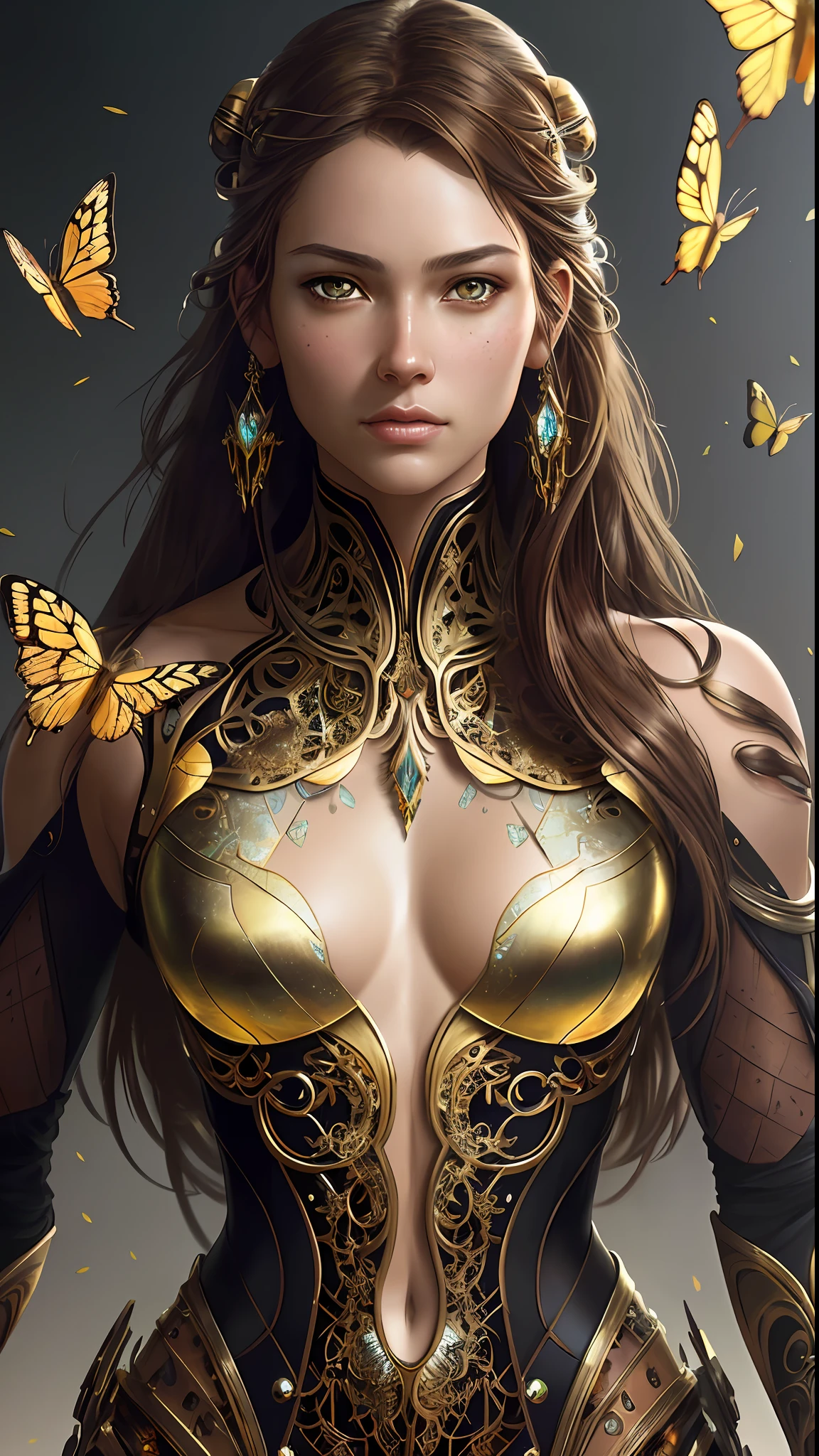 8k portrait of beautiful cyborg with brown hair, intricate, elegant, highly detailed, majestic, digital photography, art by artgerm and ruan jia and greg rutkowski surreal painting gold butterfly filigree, broken glass, (masterpiece, sidelighting, finely detailed beautiful eyes: 1.2), hdr,