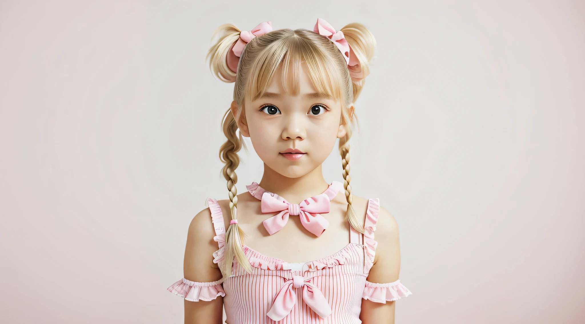 There is a young GIRL  YEARS OLD, with a pink bow on her head, twintails hairstyle, pigtails hairstyle, two pigtails hairstyle, blonde hair with pigtails, curly bangs and ponytail, Lalisa Manobal, pigtail, wearing pink hair bow, pigtails hair, pigtails, hair in pigtails, kawaii playful pose of a dancer, 'white background'!!!