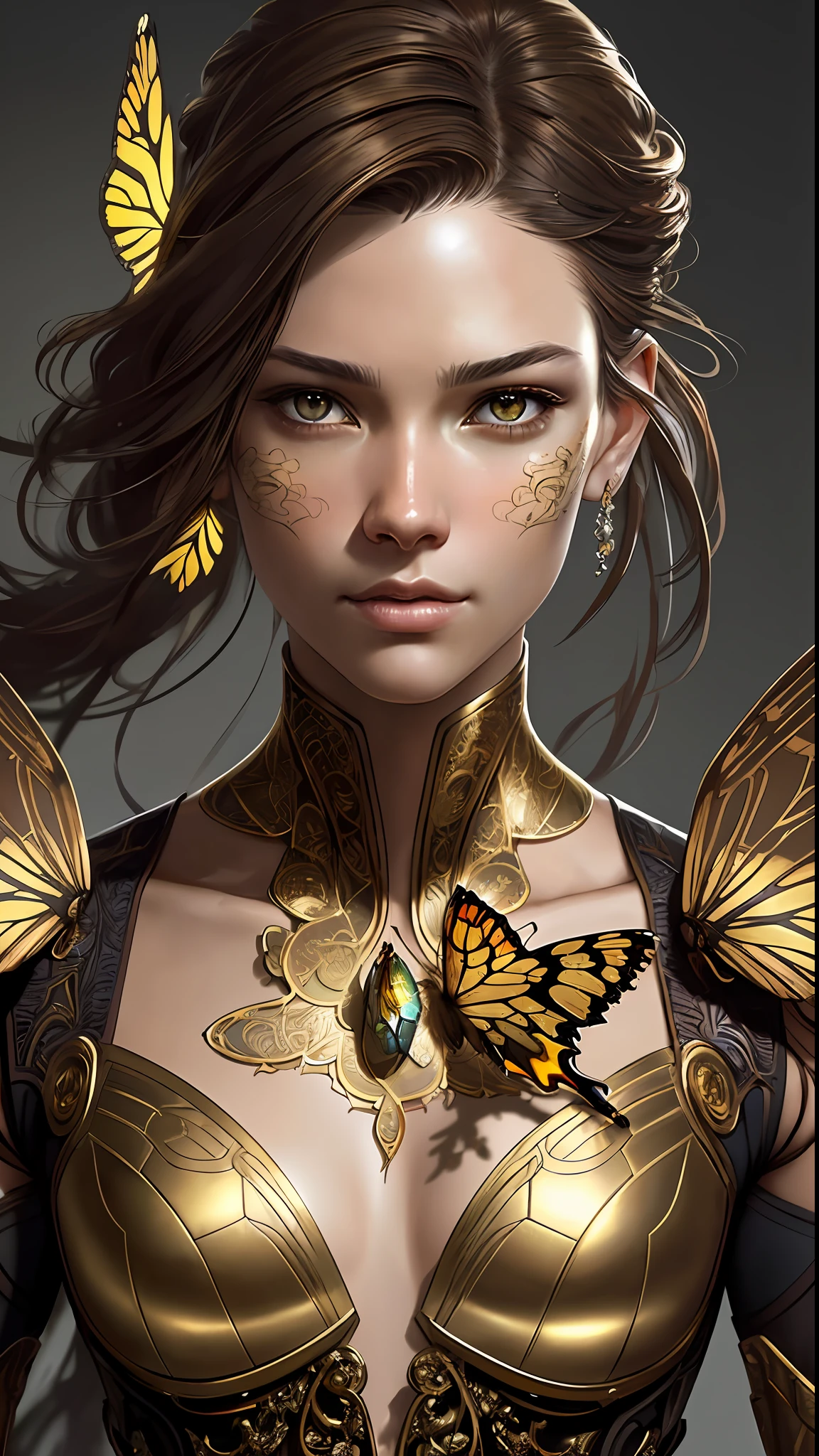 8k portrait of beautiful cyborg with brown hair, intricate, elegant, highly detailed, majestic, digital photography, art by artgerm and ruan jia and greg rutkowski surreal painting gold butterfly filigree, broken glass, (masterpiece, sidelighting, finely detailed beautiful eyes: 1.2), hdr,