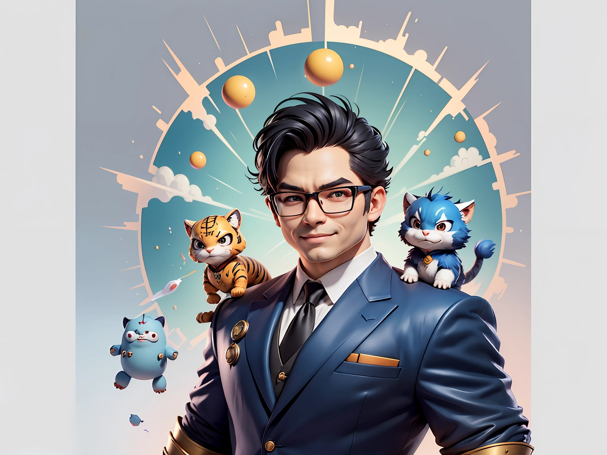 (Masterpiece), (Extreme Quality), (Super Meticulous), (Full Body: 1.2), Super Young Man, Chinese Dragon, Tiger, Wind God Thor, Sexy, Bursting, Oriental Face, TV Anchor, Bust Portrait Illustration, Black Formal Suit, Blue Tie, Slightly Chubby Face, Silver Glasses, Very Clean Face, No Beard on Chin, Black Super Short Hair, Black Eyes, Confident Smile, 3c Computer Sub-Products, iPad, iPhone, Digital Painting, 3D Character Design by Mark Claireden and Pixar and Hayao Miyazaki and Akira Toriyama, The illustration is a high-definition illustration in 4K resolution with very detailed facial features and cartoon-style visuals.