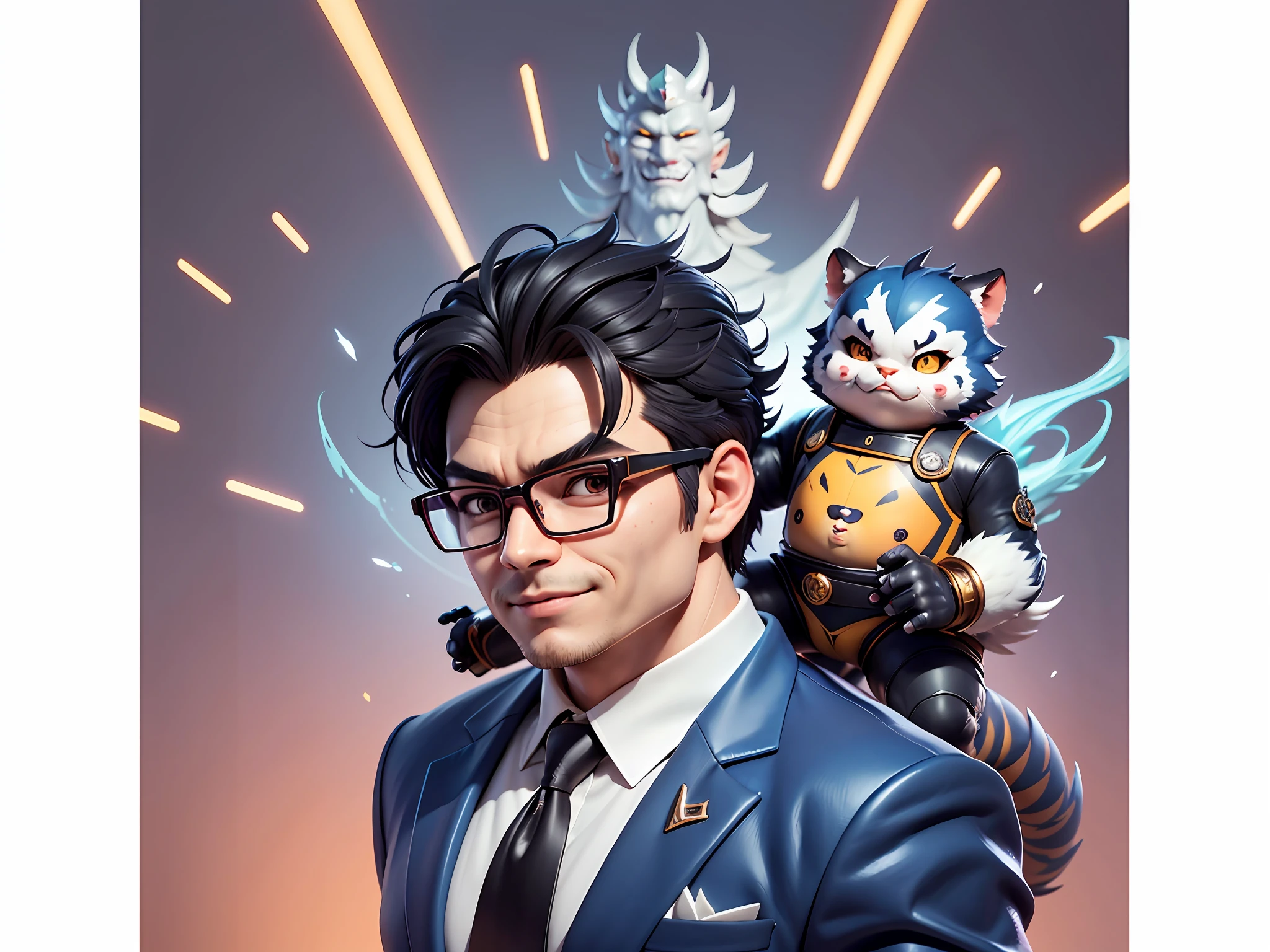 (Masterpiece), (Extreme Quality), (Super Meticulous), (Full Body: 1.2), Super Young Man, Chinese Dragon, Tiger, Wind God Thor, Sexy, Bursting, Oriental Face, TV Anchor, Bust Portrait Illustration, Black Formal Suit, Blue Tie, Slightly Chubby Face, Silver Glasses, Very Clean Face, No Beard on Chin, Black Super Short Hair, Black Eyes, Confident Smile, 3c Computer Sub-Products, iPad, iPhone, Digital Painting, 3D Character Design by Mark Claireden and Pixar and Hayao Miyazaki and Akira Toriyama, The illustration is a high-definition illustration in 4K resolution with very detailed facial features and cartoon-style visuals.
