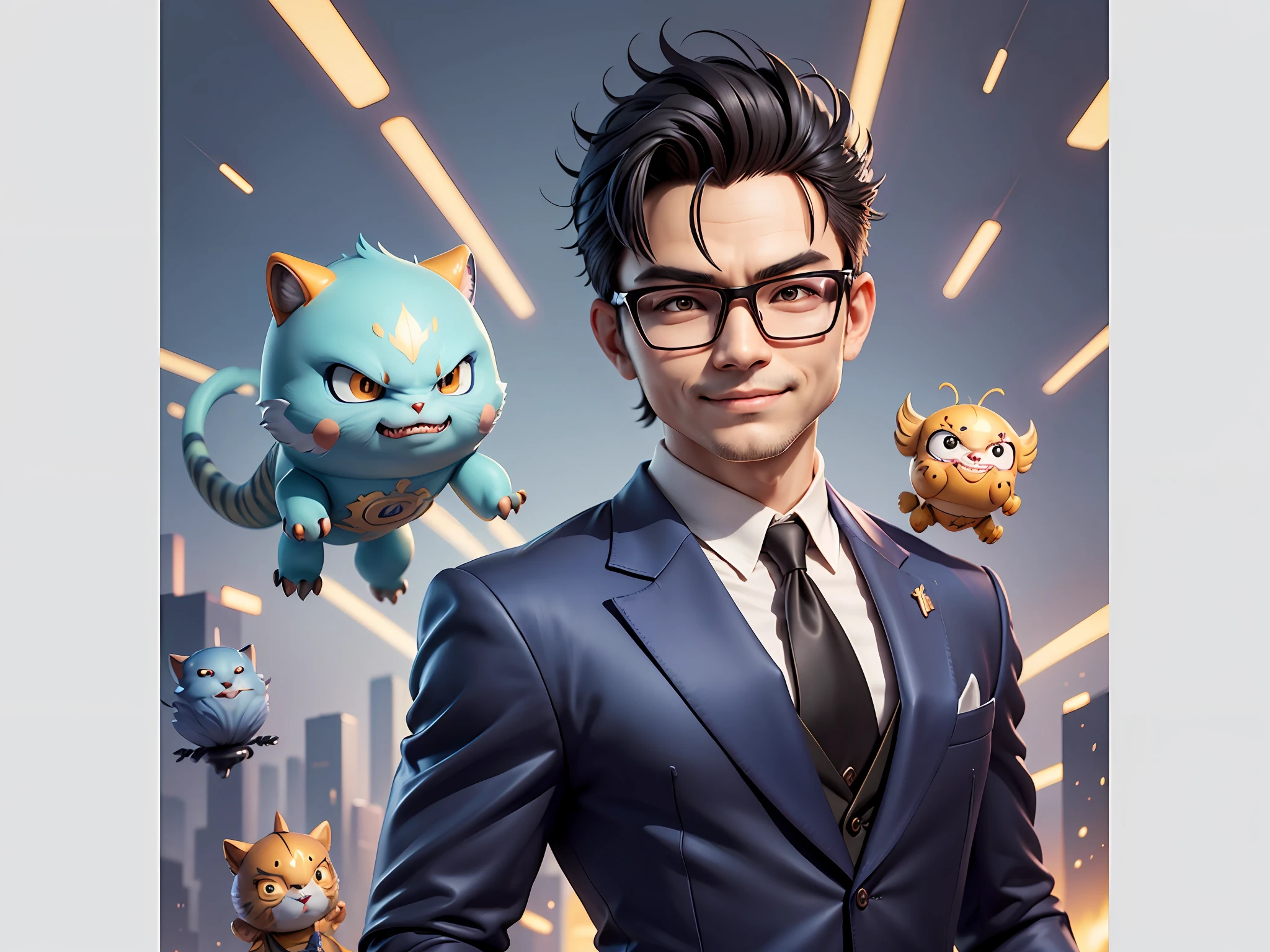 (Masterpiece), (Extreme Quality), (Super Meticulous), (Full Body: 1.2), Super Young Man, Chinese Dragon, Tiger, Wind God Thor, Sexy, Bursting, Oriental Face, TV Anchor, Bust Portrait Illustration, Black Formal Suit, Blue Tie, Slightly Chubby Face, Silver Glasses, Very Clean Face, No Beard on Chin, Black Super Short Hair, Black Eyes, Confident Smile, 3c Computer Sub-Products, iPad, iPhone, Digital Painting, 3D Character Design by Mark Claireden and Pixar and Hayao Miyazaki and Akira Toriyama, The illustration is a high-definition illustration in 4K resolution with very detailed facial features and cartoon-style visuals.