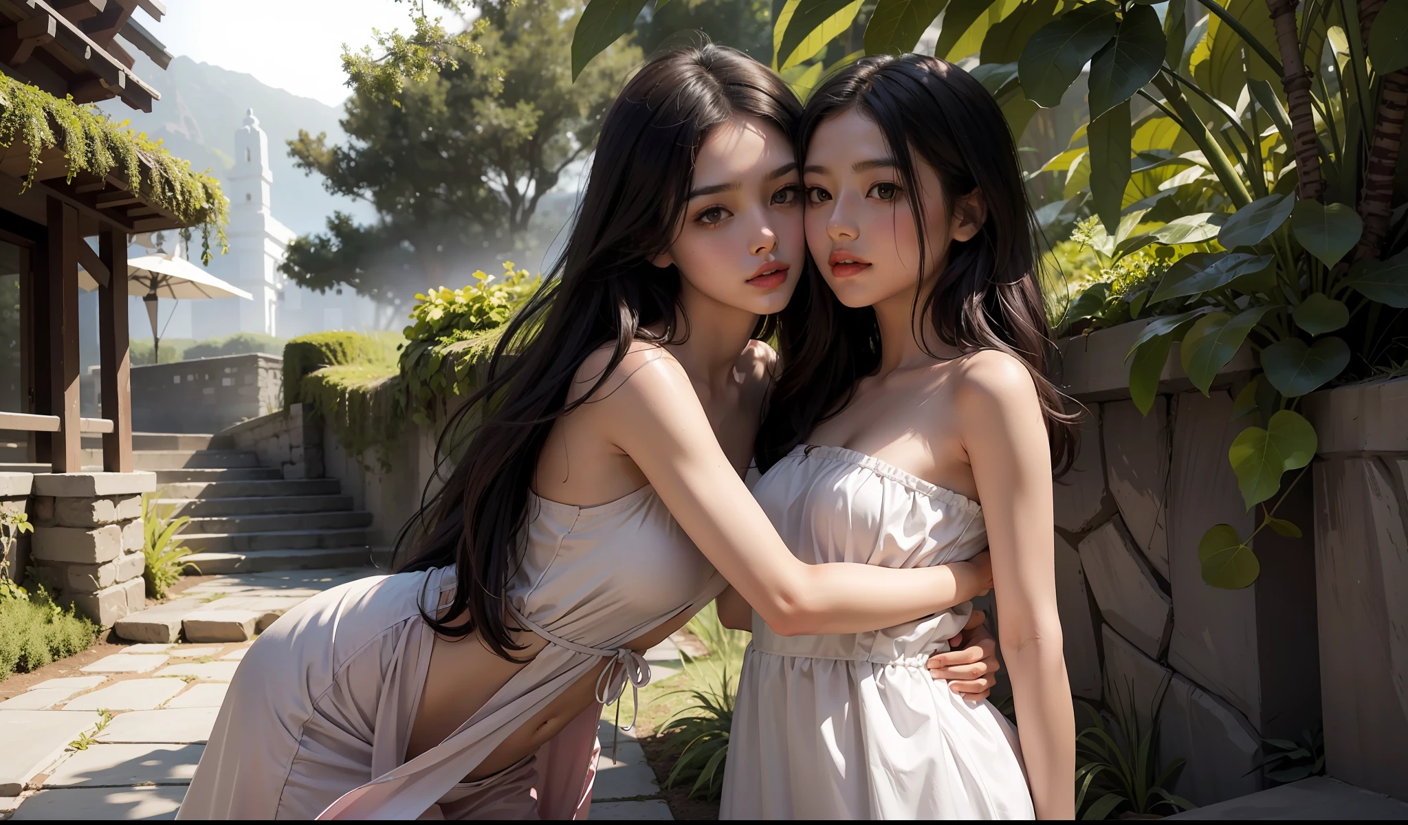 On sky, concept art, small chest, hips, look at viewer, standing in center, SEDUCTIVE, shy blush face, sexual expression, 2 Indian girls, girls white, both hugging each other, cuddles and kisses on lips, wearing sexy long small strapless dress, bare shoulder, chest exposed, unconcerned, NSFW, quality, contrast, dark, little chubby, in beautiful garden,