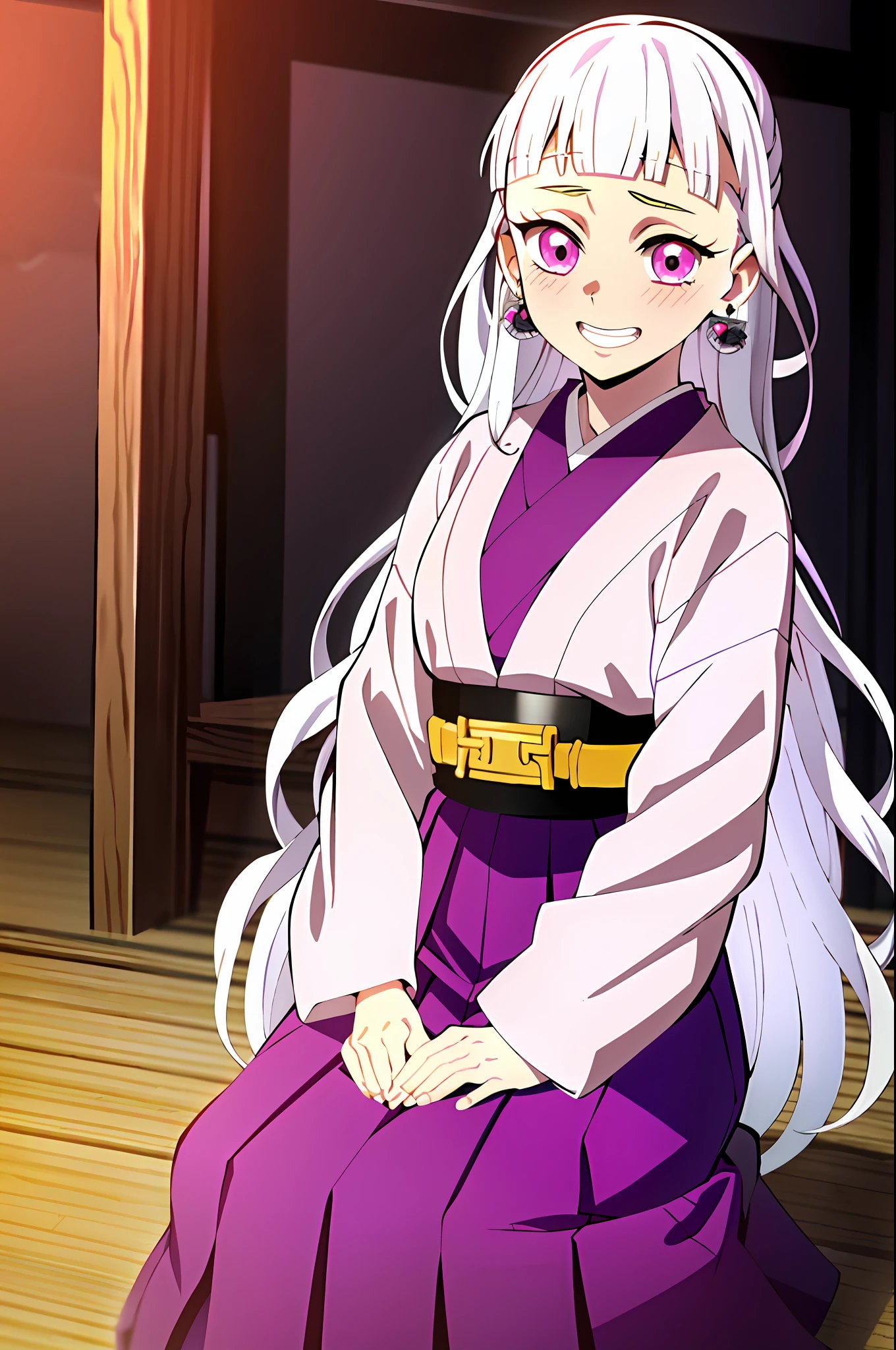 imetsu no Yaiba style, Original character, Demon Slayer Uniform, 1 girl, girl focus, blush, Earrings, Teeth, Jewelry, skirt, colier, long white hair, Belt, dark purple skirt, Japanese clothing, Haori, Solo, Pink eyes, heart pupil, Long sleeves, Anime coloring, ((masterpiece)), girl Smiling face,