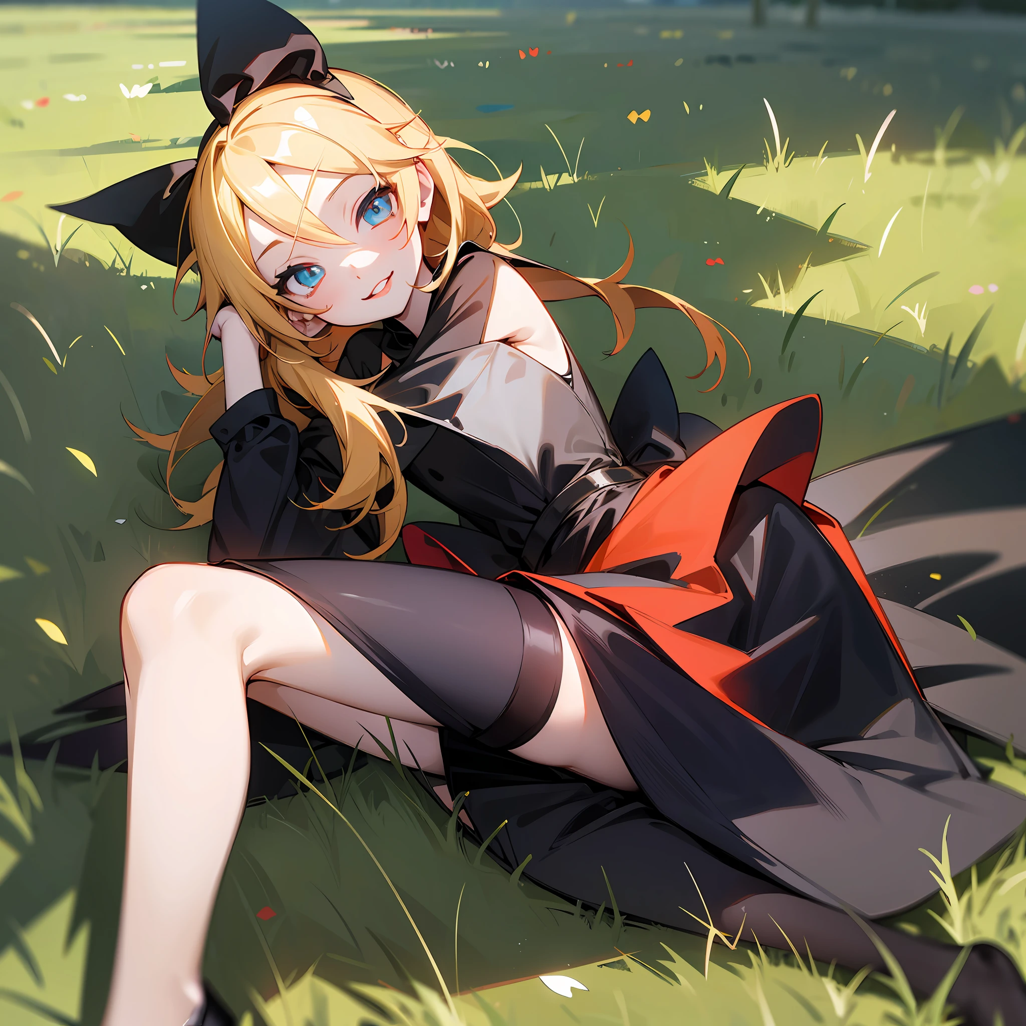 Kagamine rin, knee-length black dress, blue eye and red eye, black tights, sitting on the grass, blond hair, red lips, sweet smile --auto --s2