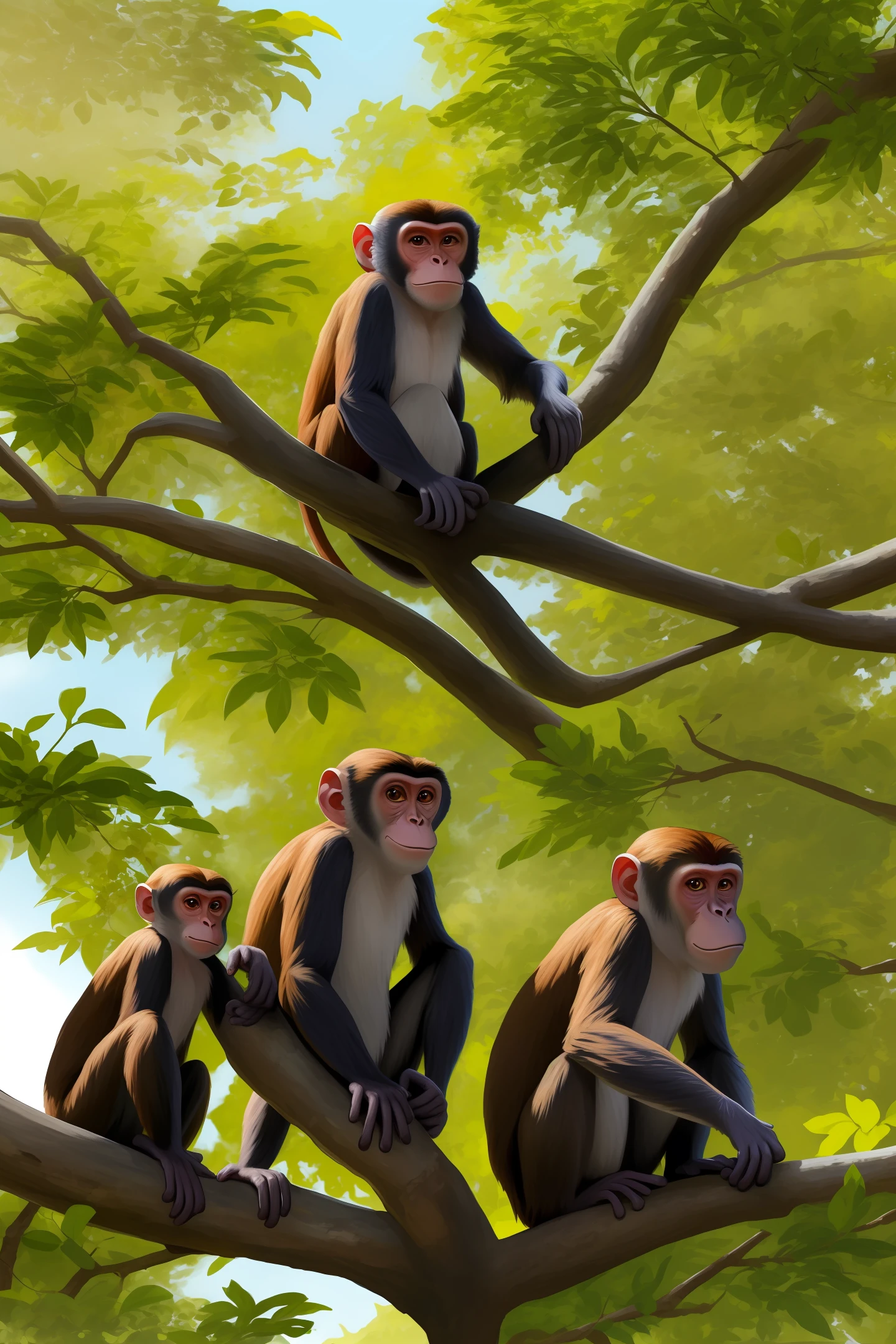 for a group of monkeys in the trees, alone, sunny day, very high quality image...