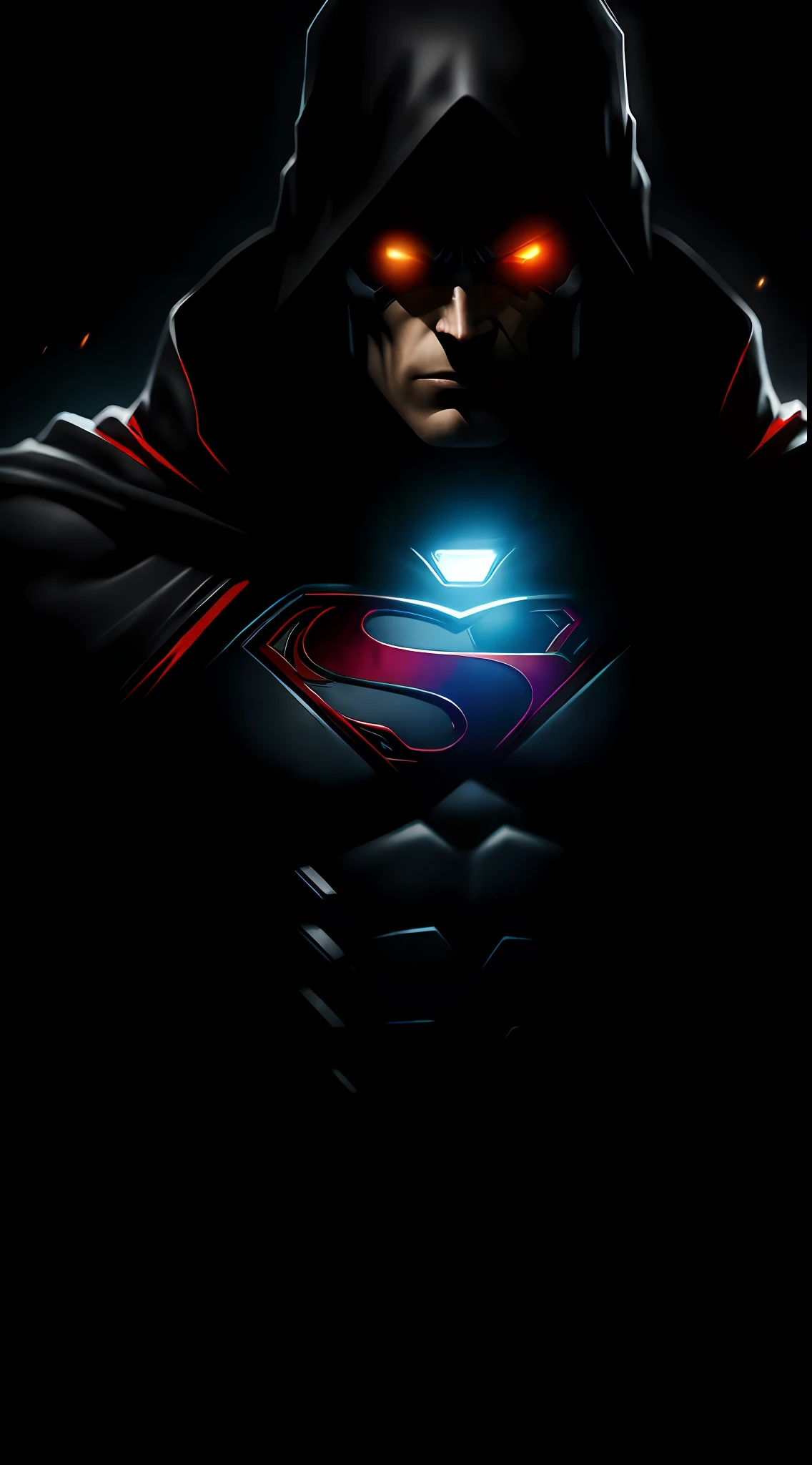 (dark shot: 1.1), epic realistic, Cyborg Superman in the dark with glowing eyes and glowing cape, soft cinematic light, Adobe Lightroom, darkroom, HDR, intricate, highly detailed, (depth of field: 1.4), hyper-detail (artstation: 1.4), cinematic, warm light, dramatic light (complex details: 1.1)