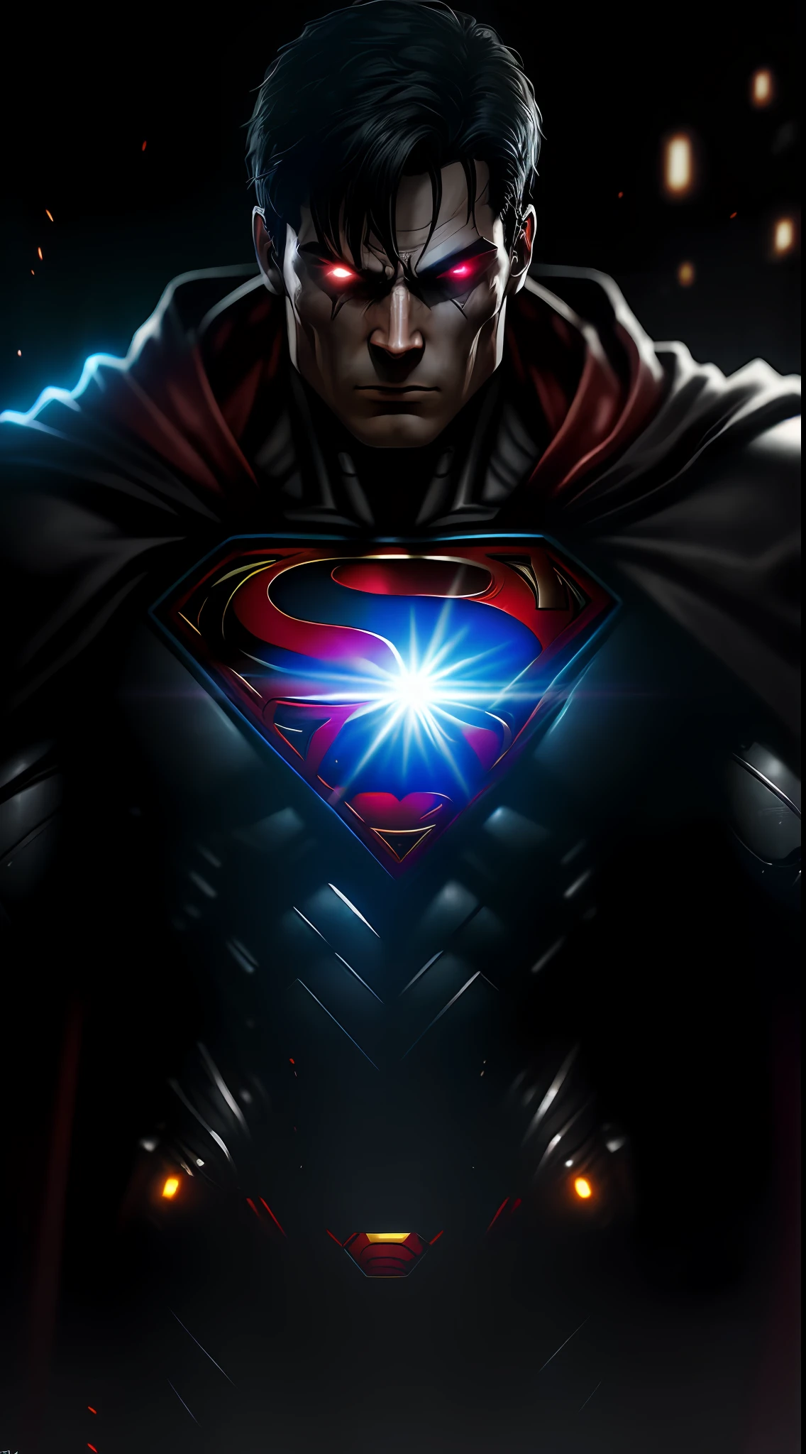 (dark shot: 1.1), epic realistic, Cyborg Superman in the dark with glowing eyes and glowing cape, soft cinematic light, Adobe Lightroom, darkroom, HDR, intricate, highly detailed, (depth of field: 1.4), hyper-detail (artstation: 1.4), cinematic, warm light, dramatic light (complex details: 1.1)