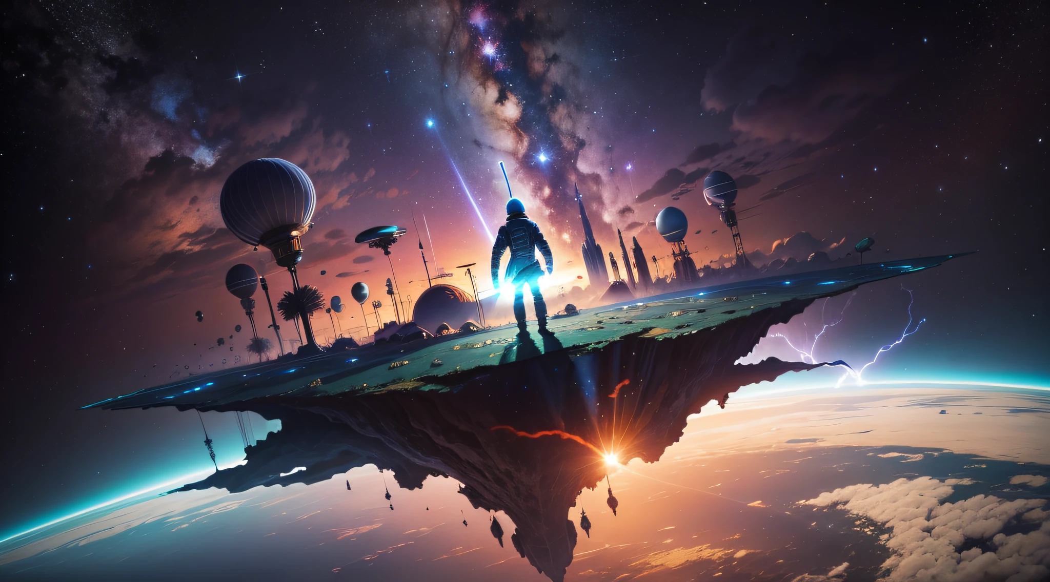 Create a spacescape, seen from space, planet below, with a boy holding a floating sword --auto --s2