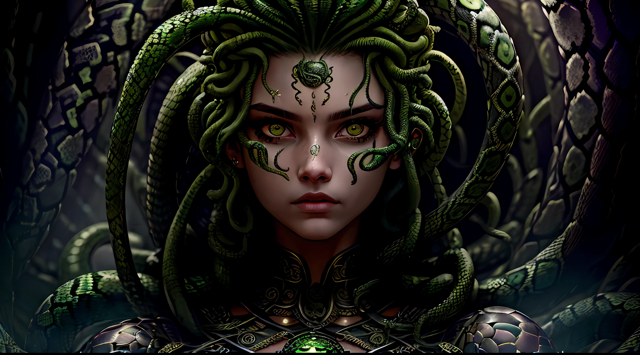 ((best quality)), ((realistic)), Medusa, upper body, hair is made up of countless snakes, green eyes, female face, metal underwear, trending on artstation, clear focus, studio shot , intricate detail, highly detailed, detailed eye, illustration, highly detailed, sharp focus, digital render, professional, 4k