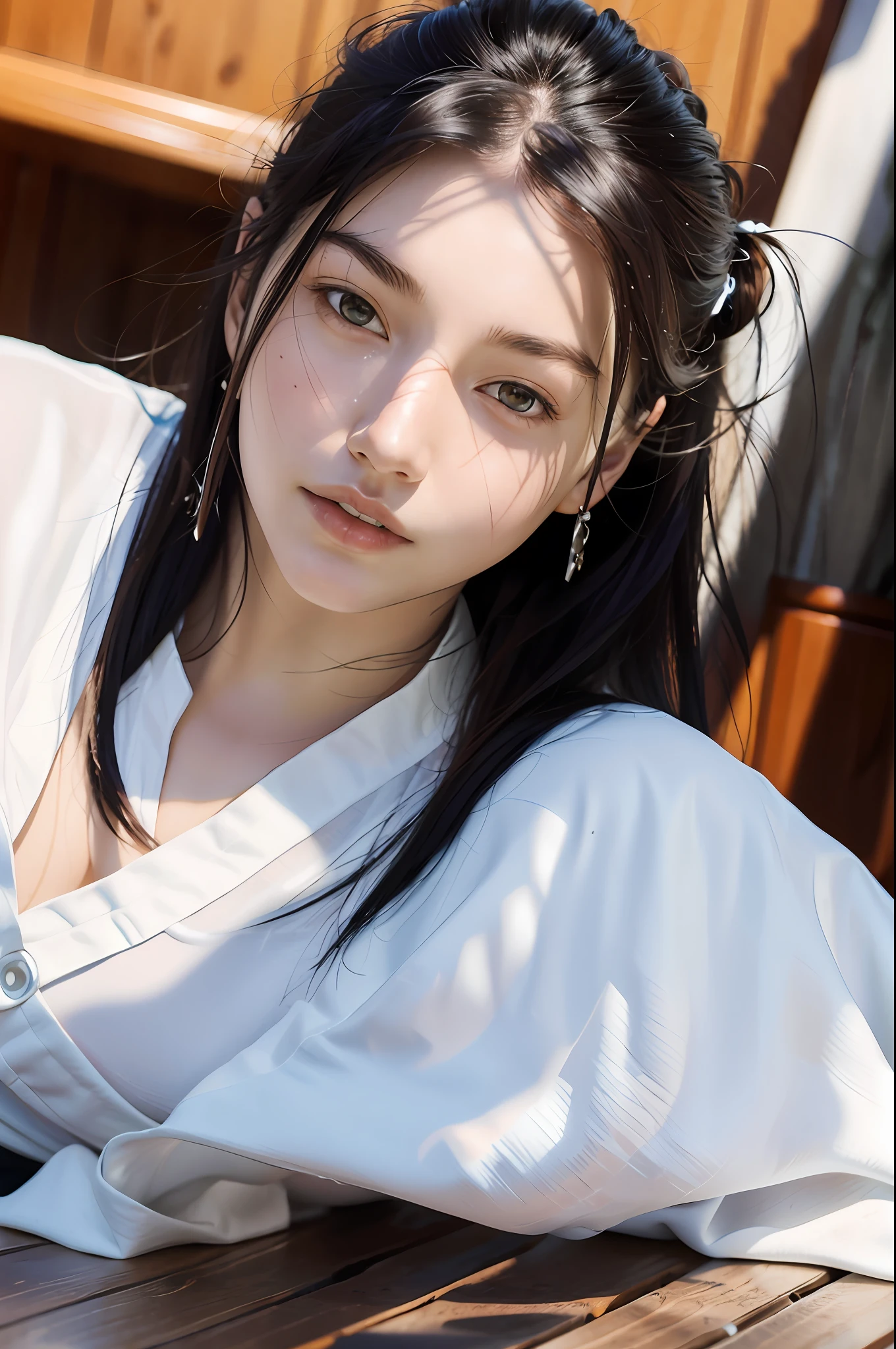 dressed, (photo realistic:1.4), (hyper realistic:1.4), (realistic:1.3),
(smoother lighting:1.05), (increase cinematic lighting quality:0.9), 32K,
1girl,20yo girl, realistic lighting, backlighting, light on face, ray trace, (brightening light:1.2), (Increase quality:1.4),
(best quality real texture skin), finely detailed eyes, finely detailed face,
(tired and sleepy and satisfied:0.0), face closeup, t-shirts,
(Increase body line mood:1.1), shiny skin