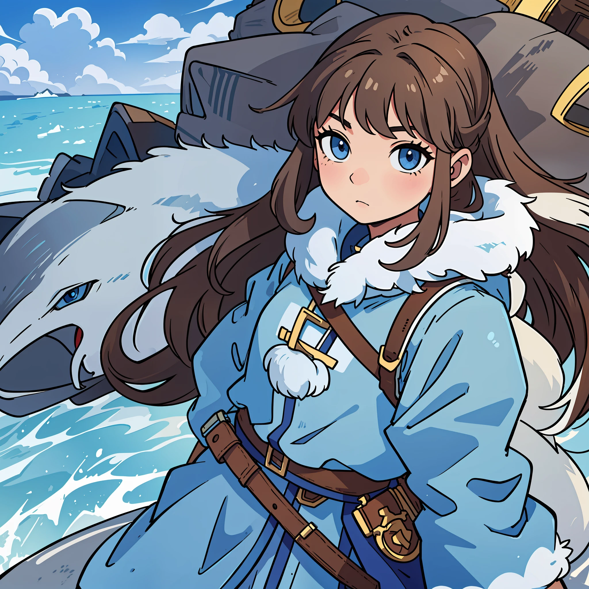 A character from an arctic village with pale, brown skin, wavy brown hair, very light blue eyes almost gray and blue fur clothes
