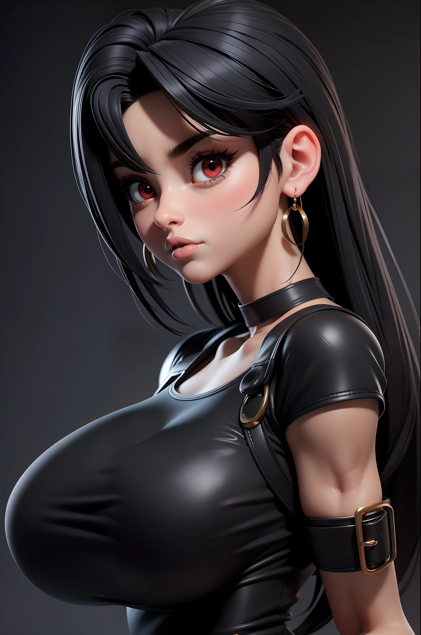 masterpiece, best quality,3d rending work ,3DMM style,close-up,portrait, 3D,1girl, solo, black hair, teardropshaped earrings, looking to the side, realistic, upper body, simple background, bangs, looking away, long straight black hair, parted lips, choker, makeup, mole, white tank top, red eyes, tifa lockhart, (huge breasts:1.5)