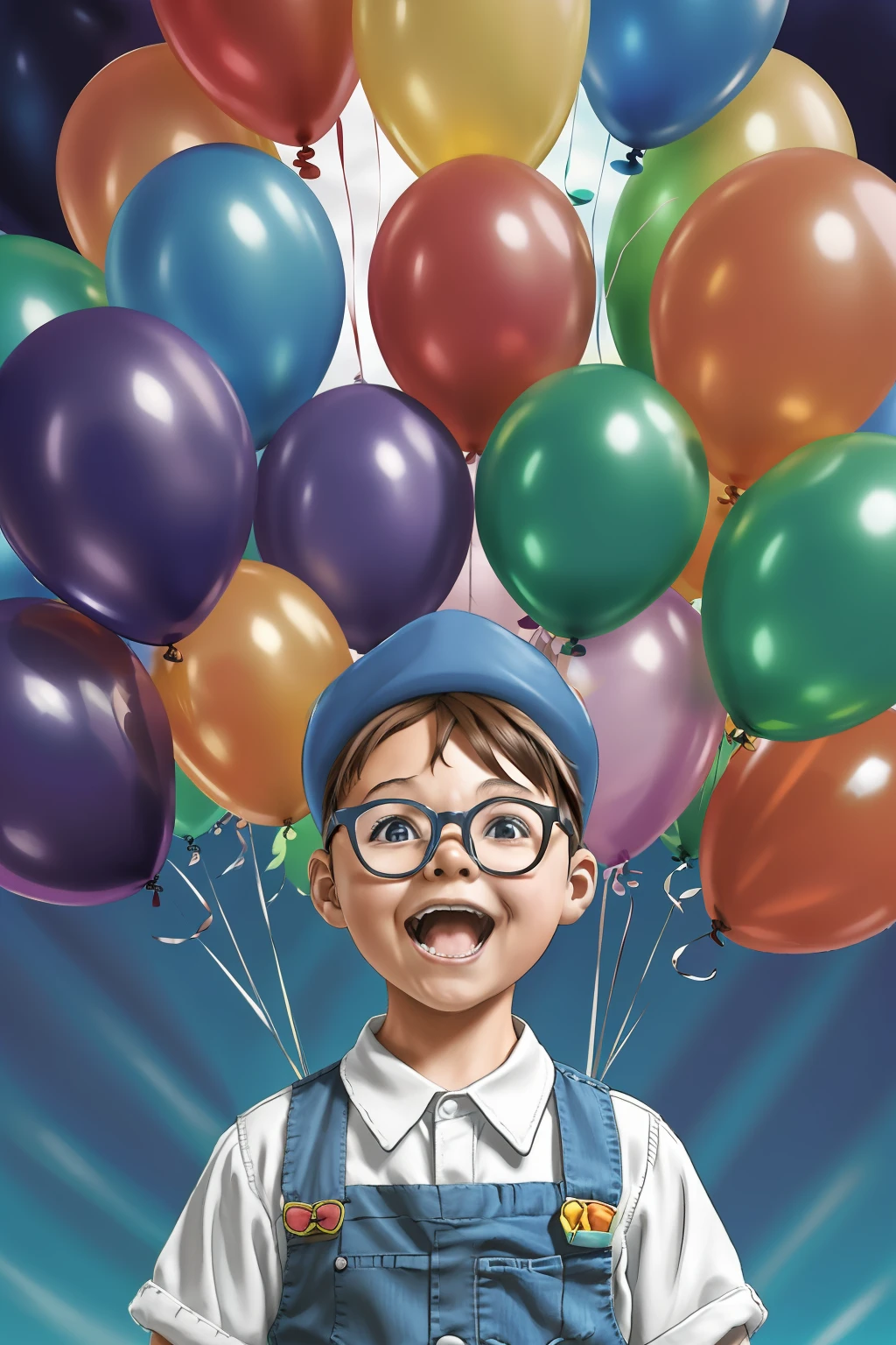 guttonerdvision5, Based on the prompt, I would create an animated scene featuring a 3-year-old boy wearing glasses. He would be depicted with a detailed and sharp face, wearing a birthday party hat and holding a floating birthday balloon. The scene would be filled with a vibrant and festive atmosphere, with an abundance of party balloons surrounding the boy.

The boy's joyful expression would be captured, highlighting his excitement and anticipation for his special day. The details of his glasses, hat, and balloon would be carefully rendered to reflect the style of artist Alex Ross, known for his intricate illustrations.

The background would be adorned with colorful and whimsical party decorations, with a variety of balloons in different shapes, sizes, and colors floating in the air. The dynamic motion of the balloons would add a sense of playfulness and movement to the scene.

The animation would bring the scene to life, with the boy's eyes sparkling, the balloon gently swaying, and the surrounding balloons subtly floating in the air. The overall animation style would reflect the charm and joy of a child's birthday celebration.

This prompt would result in an animated illustration by Alex Ross that captures the innocence, excitement, and fun of a 3-year-old boy's birthday, immersing the viewer in a vibrant and festive world of balloons and celebration.