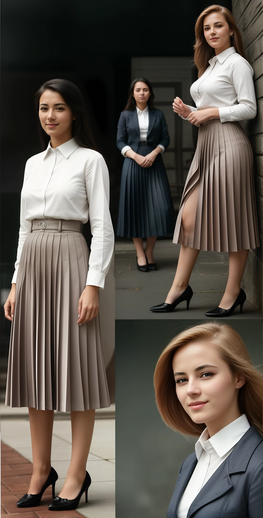 35mm f1.4 Kodak portra 400 group photograph, extremely high quality RAW group photograph, (1959 lesbian long skirt teachers conference:1,4), (shy) authentic (kind and tender) lesbian women wearing short blazers with a very very detailed (long (fully pleated) full circle skirts) and (simple) low heeled office shoes, very very intricate hyper-detailed symmetric (attractive graceful young feminine faces) with (sad, tired) eyes and a (flirty smiles:1.3), full of empathy and compassion and love, (pronounced feminine features:1,3), big boobs, large breasts, (highly detailed ultra accurate realistic:1,1) hands and fingers, ((windy conditions and wind blowing)), epic composition, highly detailed attributes, highly detailed atmosphere, detailed background, intricate, Exquisite details and textures, highly detailed