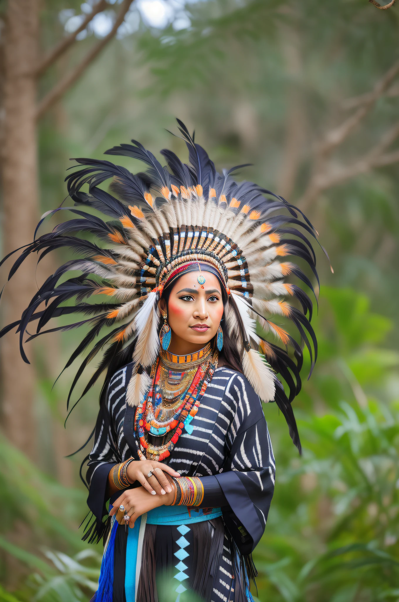 arafed woman in native american costume standing in the jungle, tribal clothing, wearing an elegant tribal outfit, wearing authentic attire, wearing crown of bright feathers, headdress, portrait shot, nice blur bacground, feathered headdress, she is dressed in shaman clothes, american indian headdress, ornate headdress, beautiful young female shaman, feather native american headgear, tribal style, ethnic, take foto with nikon z 9. shot by nikon z 7 ii, 85 mm f 1.2 carakter lens, sigma art 85mm f 1 . 2 , realistic lighting, 4k resolution background.