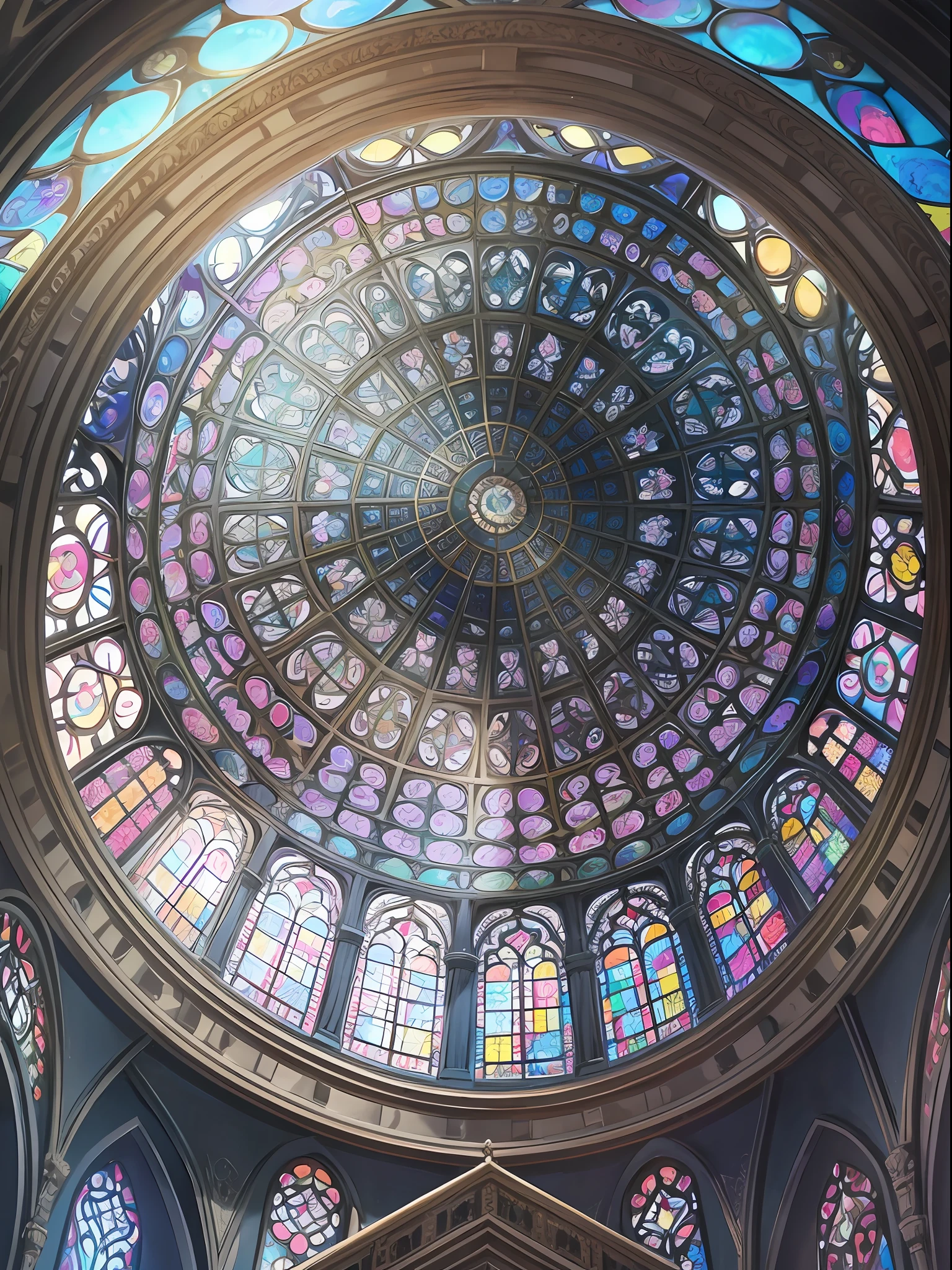 Masterpiece, High resolution, wide angle, detailed Paisley patterned wall, intricately drawn Paisley pattern, deep composition, 10,000 colors, colorful, craftsmanship, ((1 girl), 9 figures, looking at the viewer, smiling, silver hair),, diamond ornaments, colorful decorations, backlit, grains of light fluttering, detailed Gothic, (Maximalism: 1.6), diffused lighting, ( Depth of Field: 1.2), Gothic Lolita, bird's-eye view, illumination, Gothic architecture,