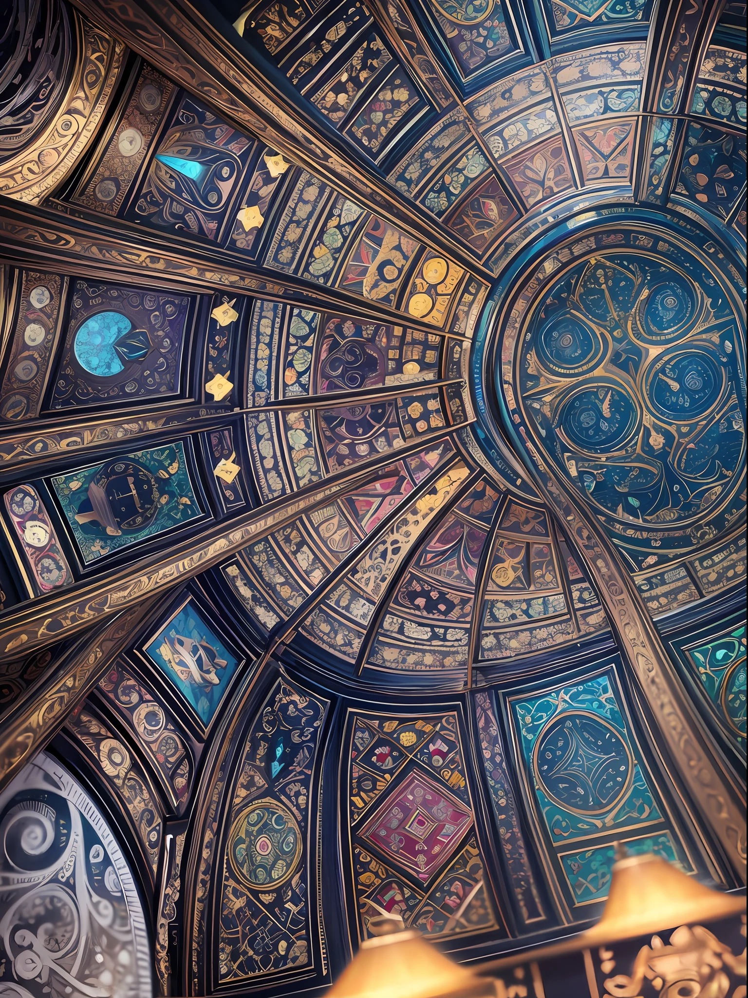 Masterpiece, High resolution, wide angle, detailed Paisley patterned wall, intricately drawn Paisley pattern, deep composition, 10,000 colors, colorful, craftsmanship, ((1 girl), 9 figures, looking at the viewer, smiling, silver hair),, diamond ornaments, colorful decorations, backlit, grains of light fluttering, detailed Gothic, (Maximalism: 1.6), diffused lighting, ( Depth of Field: 1.2), Gothic ta, Bird's-Eye View, Light Up