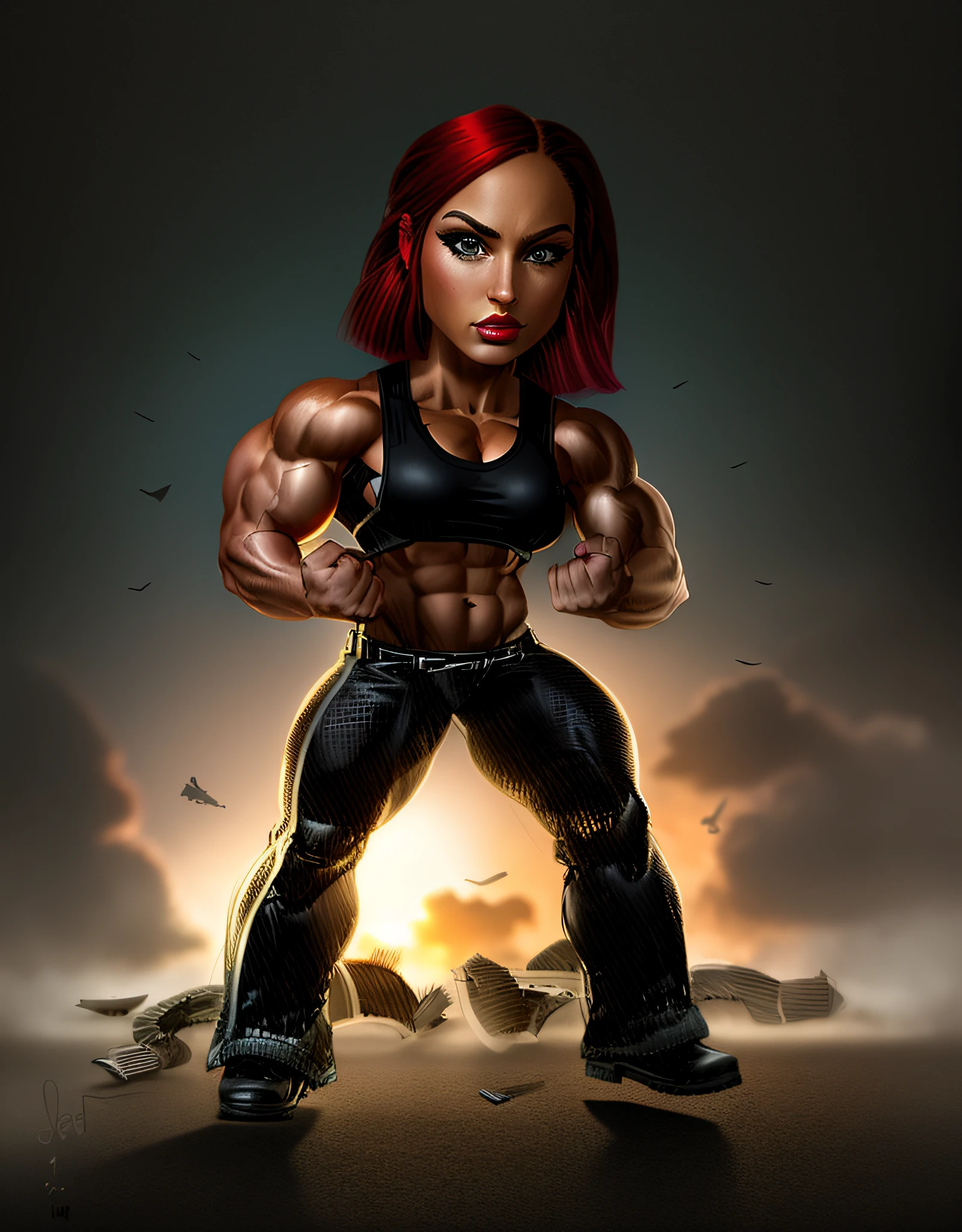 a drawing of a female fighter with a big muscular body, muscular girl, muscular character, bodybuilding woman, strong woman, big muscles, feminine and muscular, muscular!, intimidating woman, large muscles, strong and muscular, bursting with muscles, strong pose, musculated, muscular sweat lara croft, huge muscles, muscular warrior women, muscle, high detailed cartoon, muscular and terrifying, red hair, green eyes
