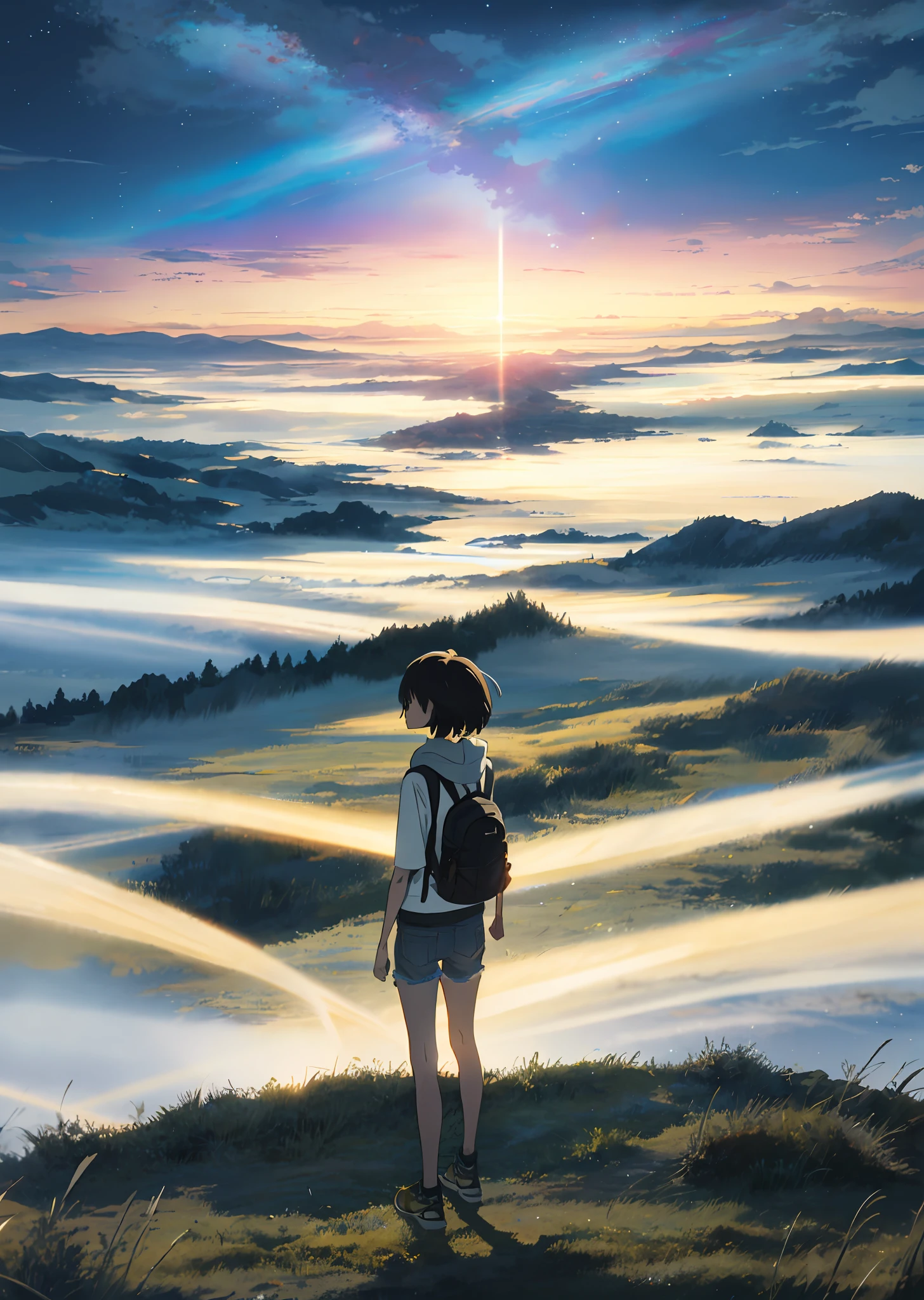 Vast sky, beautiful skyline, wide grasslands, very tense and dramatic pictures, moving visual effects, hanging high Polaris and colorful natural lights. Girl with loose hoodies, short hair, denim shorts and backpack.