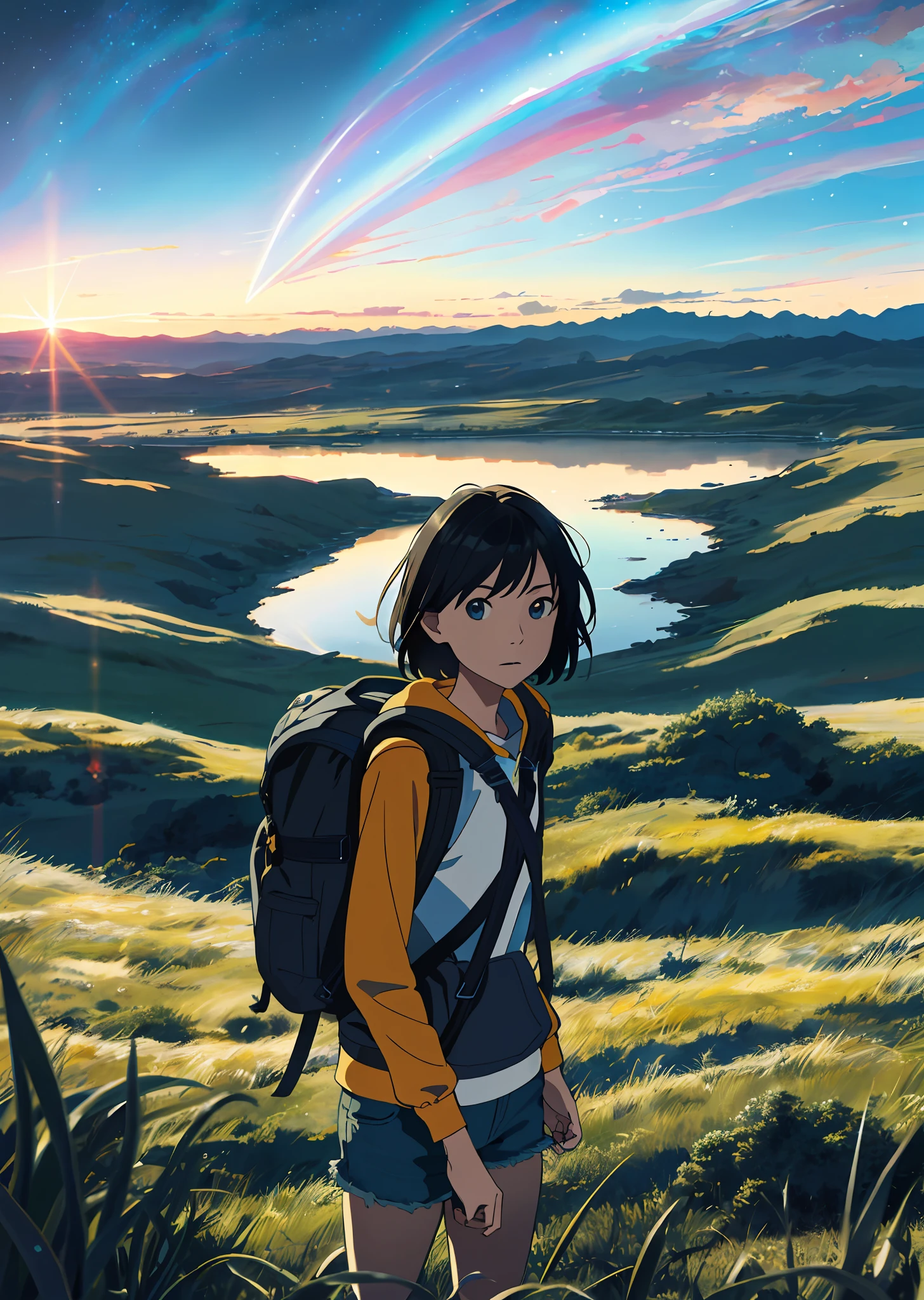 Vast sky, beautiful skyline, wide grasslands, very tense and dramatic pictures, moving visual effects, hanging high Polaris and colorful natural lights. Girl with loose hoodies, short hair, denim shorts and backpack.
