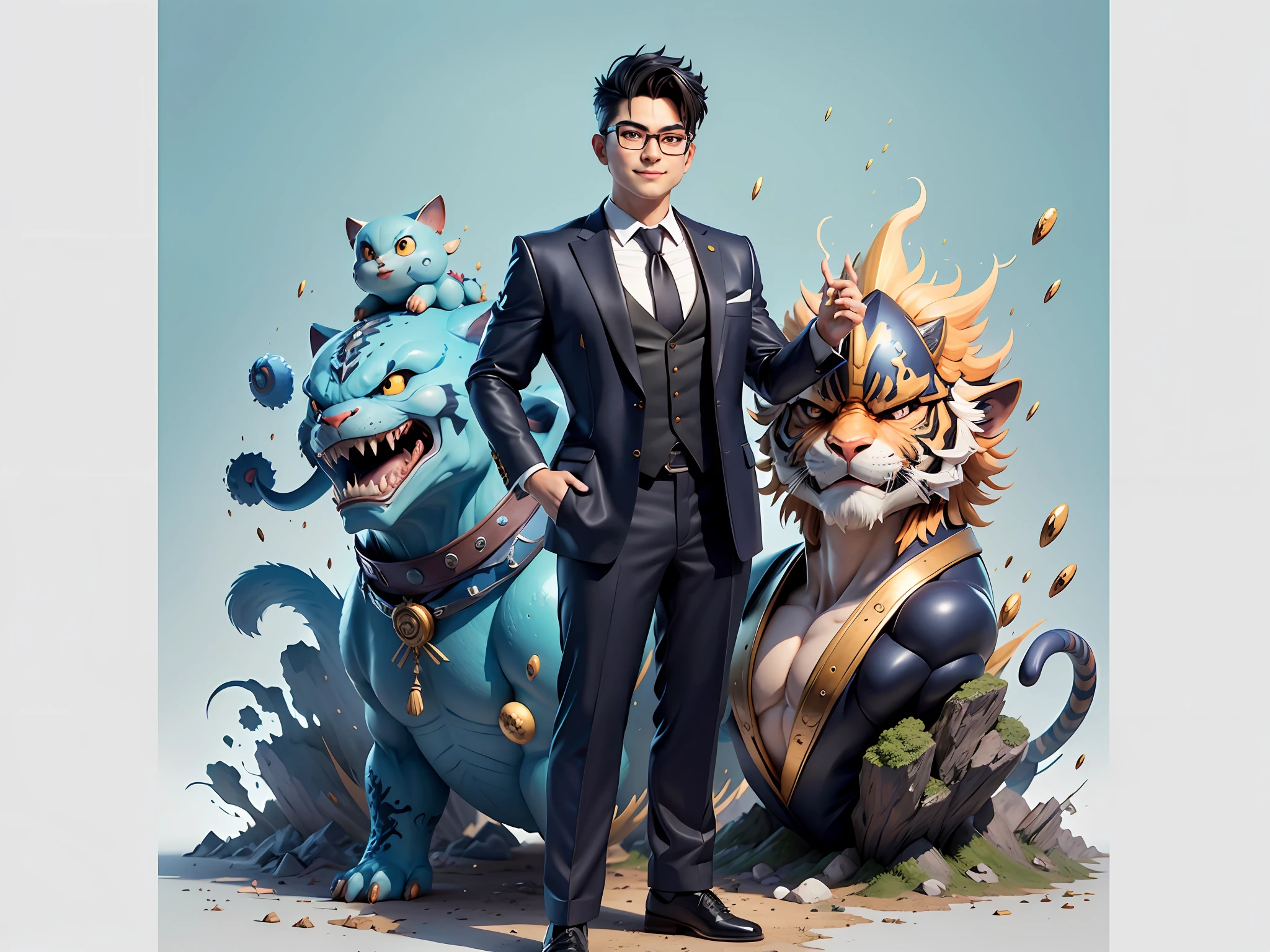 (Masterpiece), (Extreme Quality), (Super Meticulous), (Full Body: 1.2), Super Young Man, Chinese Dragon, Tiger, Wind God Thor, Sexy, Bursting, Oriental Face, TV Anchor, Bust Portrait Illustration, Black Formal Suit, Blue Tie, Slightly Chubby Face, Silver Glasses, Very Clean Face, No Beard on Chin, Black Super Short Hair, Black Eyes, Confident Smile, 3c Computer Sub-Products, iPad, iPhone, Digital Painting, 3D Character Design by Mark Claireden and Pixar and Hayao Miyazaki and Akira Toriyama, The illustration is a high-definition illustration in 4K resolution with very detailed facial features and cartoon-style visuals.