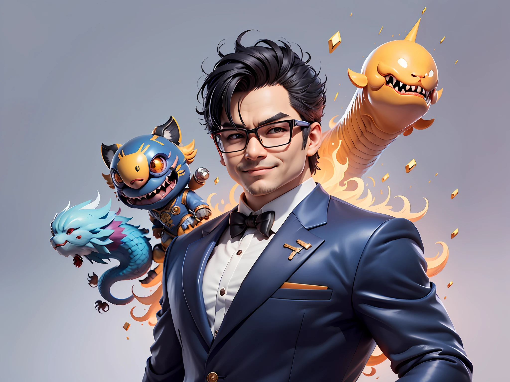 (Masterpiece), (Extreme Quality), (Super Meticulous), (Full Body: 1.2), Super Young Man, Chinese Dragon, Tiger, Wind God Thor, Sexy, Bursting, Oriental Face, TV Anchor, Bust Portrait Illustration, Black Formal Suit, Blue Tie, Slightly Chubby Face, Silver Glasses, Very Clean Face, No Beard on Chin, Black Super Short Hair, Black Eyes, Confident Smile, 3c Computer Sub-Products, iPad, iPhone, Digital Painting, 3D Character Design by Mark Claireden and Pixar and Hayao Miyazaki and Akira Toriyama, The illustration is a high-definition illustration in 4K resolution with very detailed facial features and cartoon-style visuals.