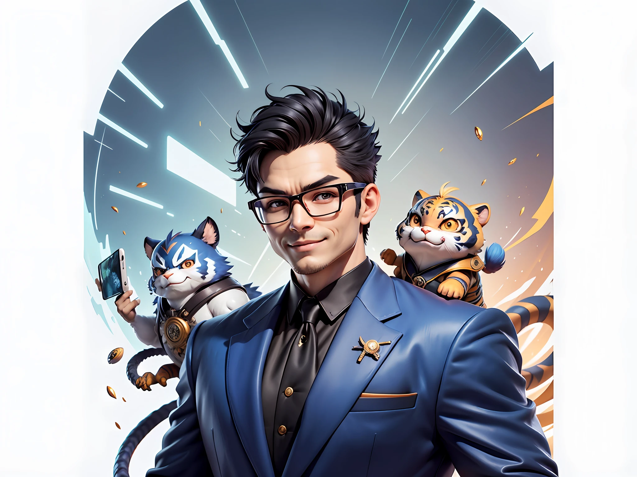 (Masterpiece), (Extreme Quality), (Super Meticulous), (Full Body: 1.2), Super Young Man, Chinese Dragon, Tiger, Wind God Thor, Sexy, Bursting, Oriental Face, TV Anchor, Bust Portrait Illustration, Black Formal Suit, Blue Tie, Slightly Chubby Face, Silver Glasses, Very Clean Face, No Beard on Chin, Black Super Short Hair, Black Eyes, Confident Smile, 3c Computer Sub-Products, iPad, iPhone, Digital Painting, 3D Character Design by Mark Claireden and Pixar and Hayao Miyazaki and Akira Toriyama, The illustration is a high-definition illustration in 4K resolution with very detailed facial features and cartoon-style visuals.