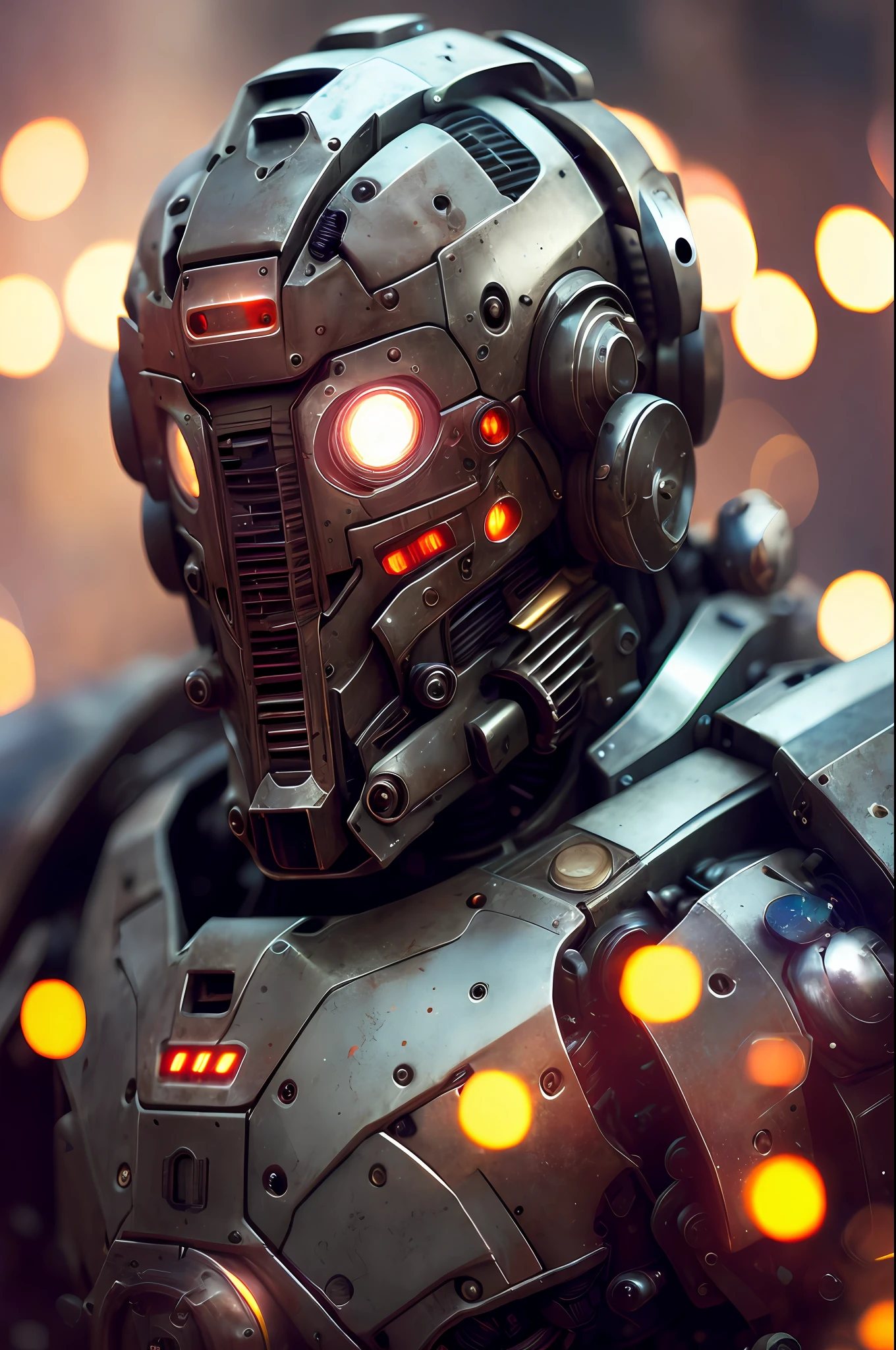 Portrait photo of muscular bearded guy in a worn mech suit, ((light bokeh)), intricate, (steel metal [rust]), elegant, sharp focus, photo by greg rutkowski, soft lighting, vibrant colors, masterpiece, ((streets)), detailed face