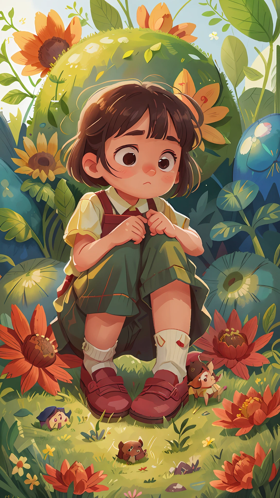 A 6-year-old girl is on her knees in a garden, is looking at the ground, looking for something, she is wearing gardener's clothes, is serious, curious, side view of the scene, perfect quality, clear focus (mess - house: 0.8), (masterpiece: 1.2) (Realistic: 1.2) (Bokeh) (Best quality) (Detailed Skin: 1.3) (Intricate Details) (8K) (Eye Detail) (Sharp Focus),  (Unfortunate)