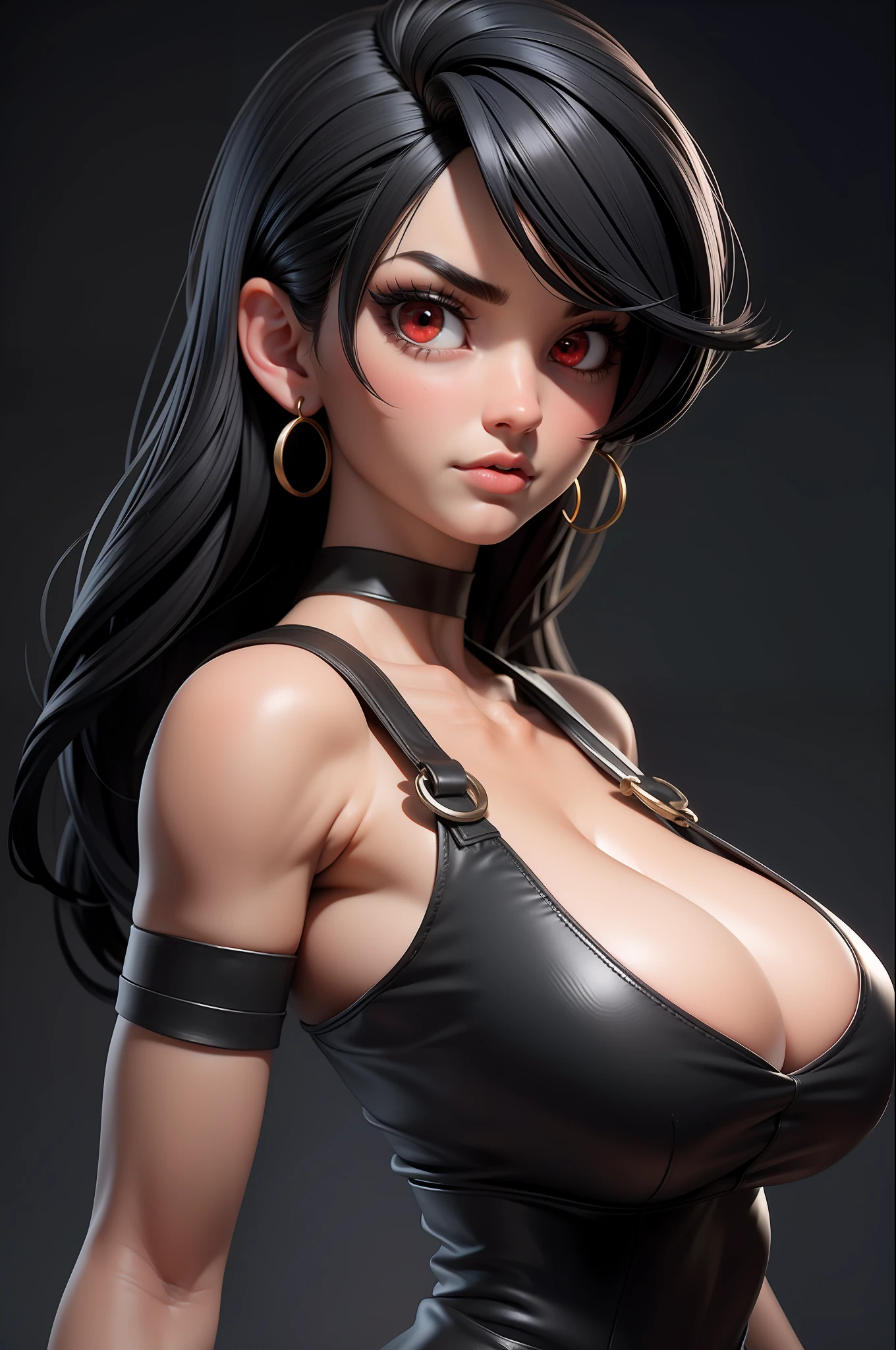 masterpiece, best quality,3d rending work ,3DMM style,close-up,portrait, 3D,1girl, solo, black hair, teardropshaped earrings, looking to the side, realistic, upper body, simple background, bangs, looking away, long straight black hair, parted lips, choker, makeup, mole, white tank top, red eyes, tifa lockhart, (huge breasts:1.5)