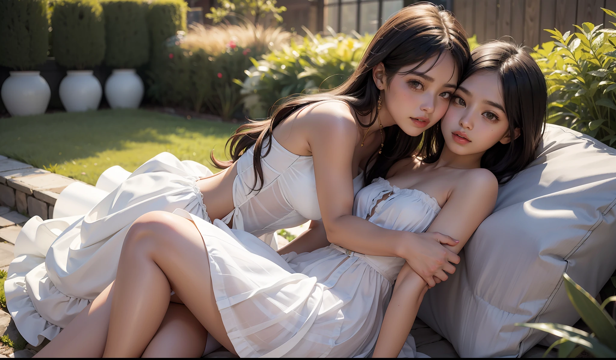 On sky, concept art, small chest, hips, look at viewer, standing in center, SEDUCTIVE, shy blush face, sexual expression, 2 Indian girls, girls white, both hugging sexual each other, sexual cuddles, lesbian, wearing sexy long small strapless dress, bare shoulder, chest exposed, unconcerned, NSFW, quality, contrast, dark, little chubby, in beautiful garden,