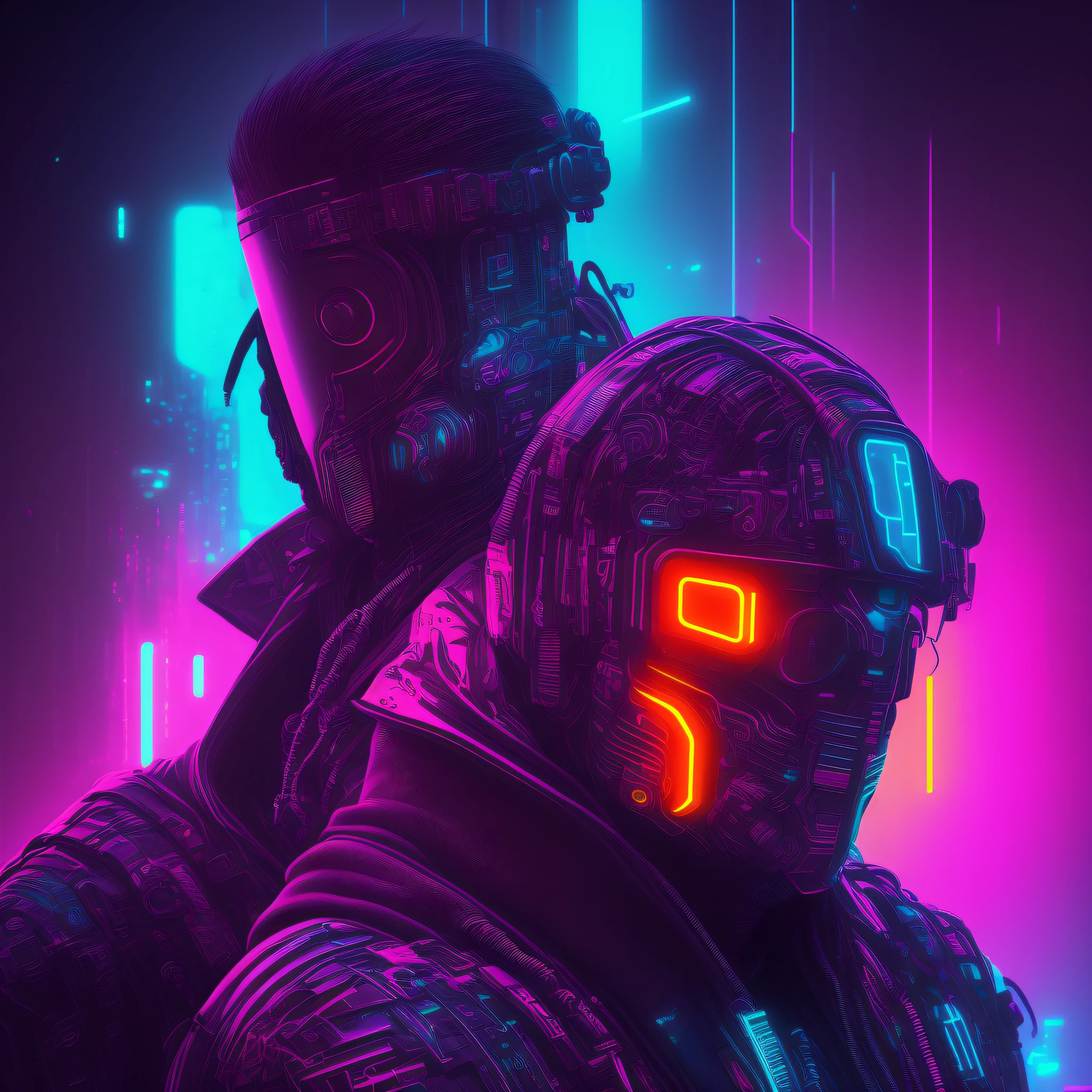 Man, cyberpunk style portrait, futuristic (neon: 1.1) reflective wear, science fiction. artgern, art, illustration, ((dark environment)), ((vegnette)), ((HDR)) ((minimal palette colors)), soft tones, soft colors, faint colors, calm, highly detailed pastel colors, intricate details