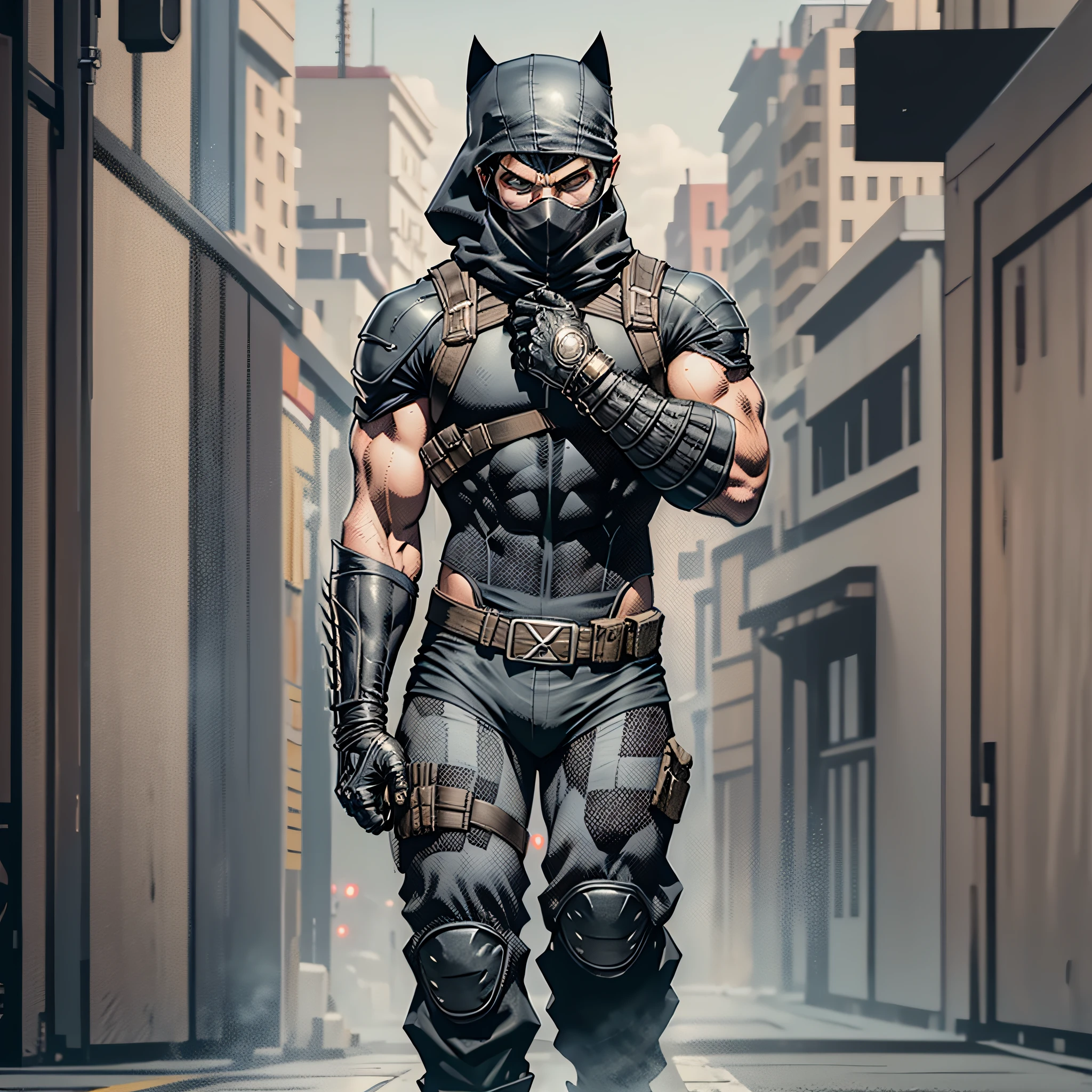 bandit,full body, wearing black mask, black brusa, gray pants