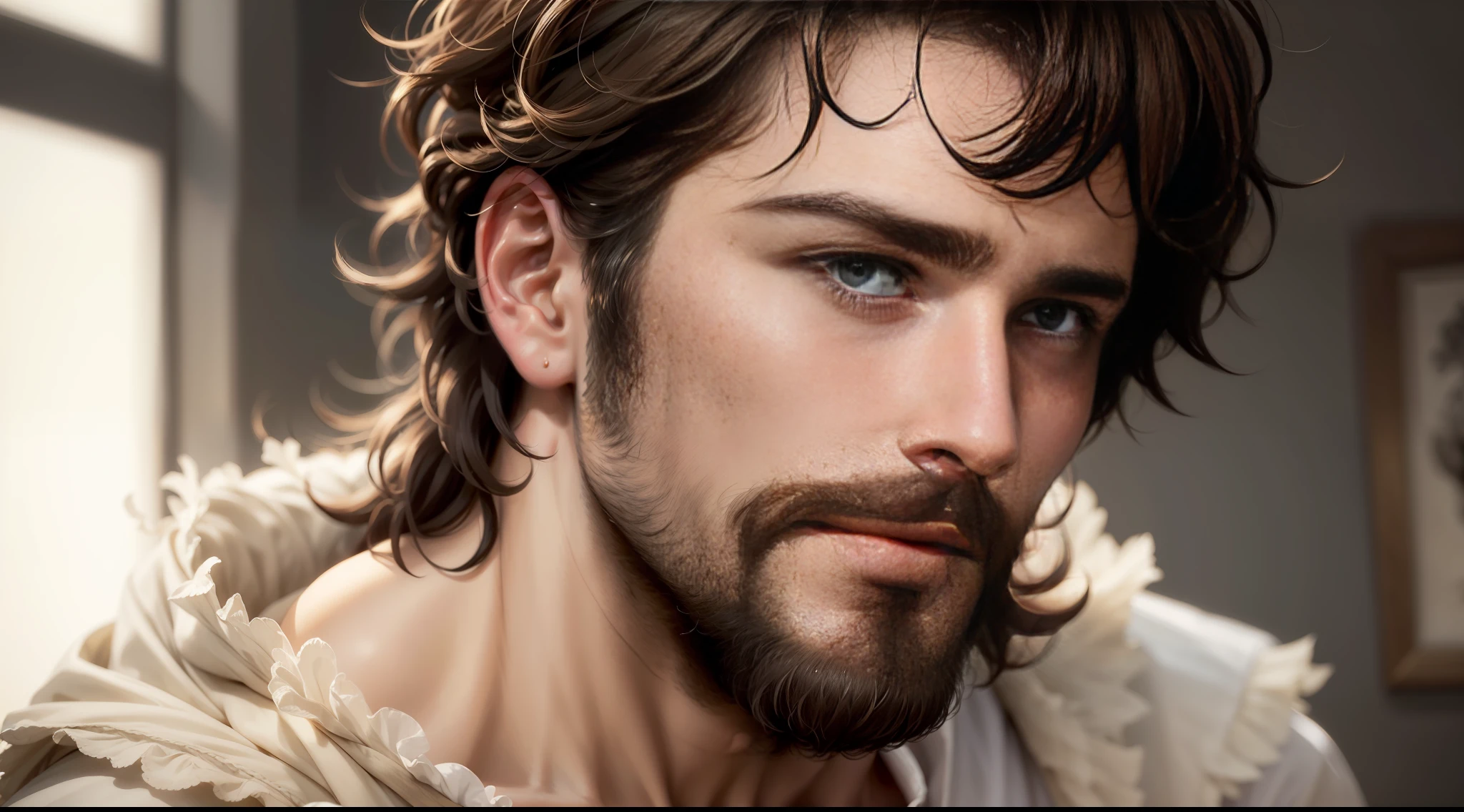 ((an extremely delicate and handsome)), portrait, under soft lighting, candid, thoughtful expression, (1man), shaggy beard, short dark hair, deep eyes, thought bubble, dark background