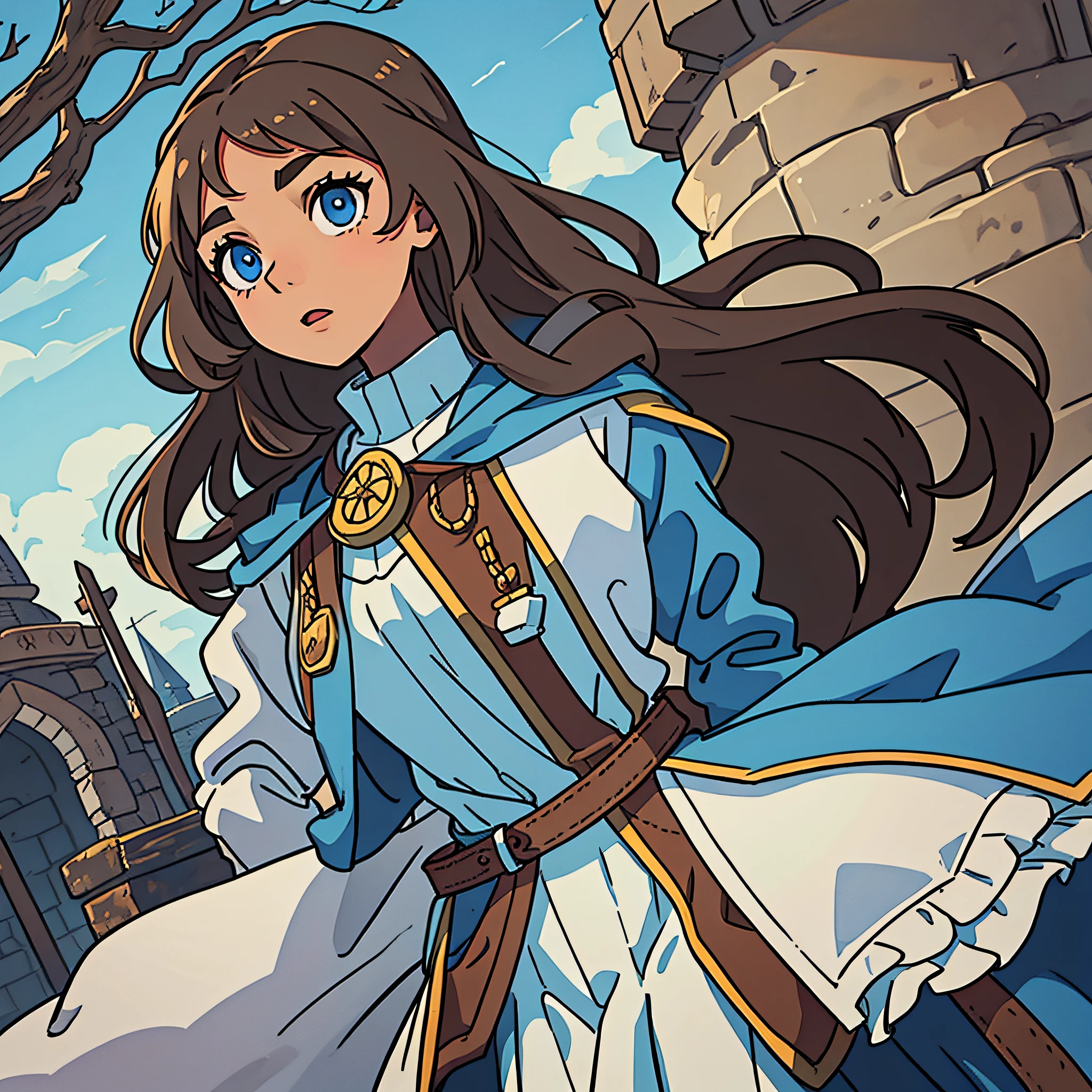 A brown-skinned character, wavy brown hair, very light blue eyes almost gray and clothing in medieval Gothic costume