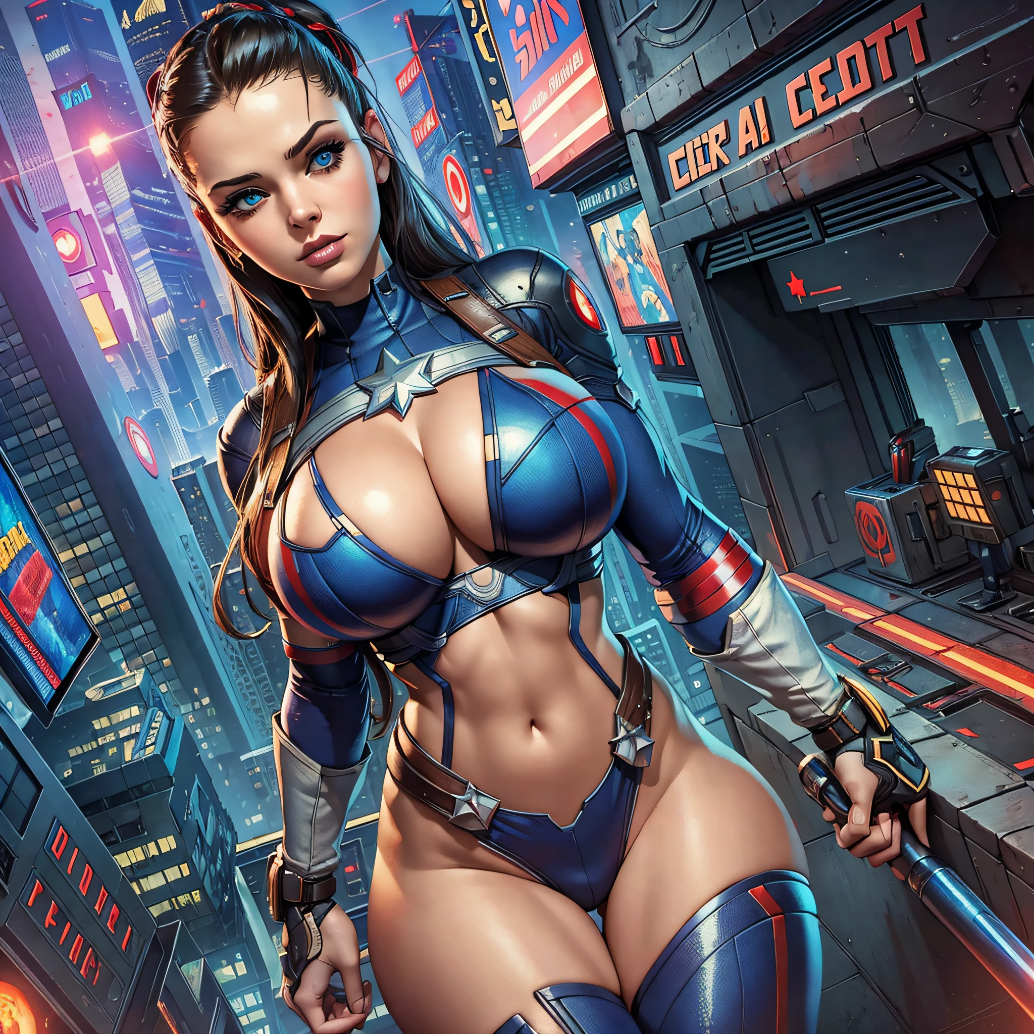 ((Best quality)), ((masterpiece)), (detailed: 1.4), 3D, cyberpunk, a beautiful woman big breasts, body set using Captain America cosplay --auto --s2