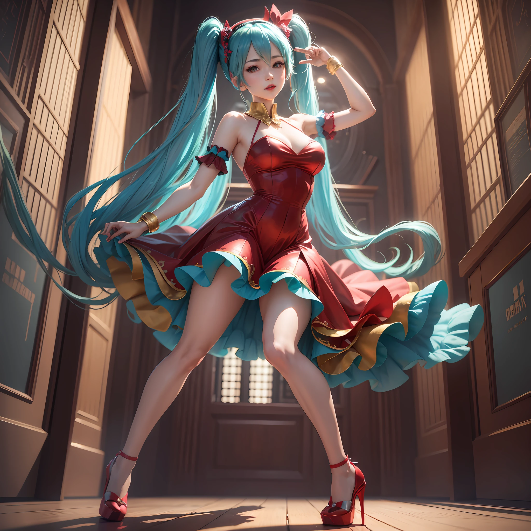 Hatsune miku , blue hair , red lips , red dress to the knees , golden headband , crystal slippers , dancing in the moonlight , image in 8k wallpaper --auto --s2