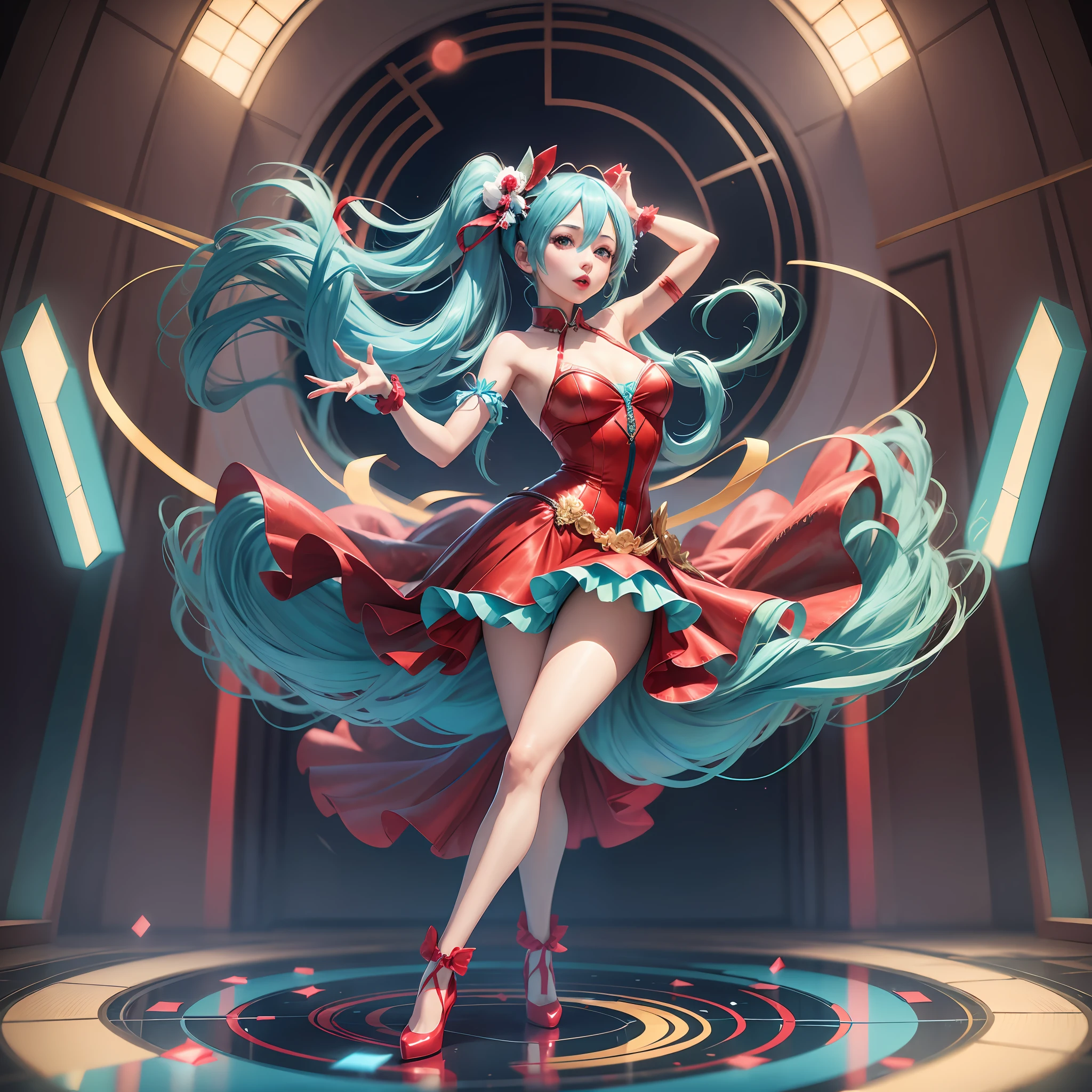 Hatsune miku , blue hair , red lips , red dress to the knees , golden headband , crystal slippers , dancing in the moonlight , image in 8k wallpaper --auto --s2