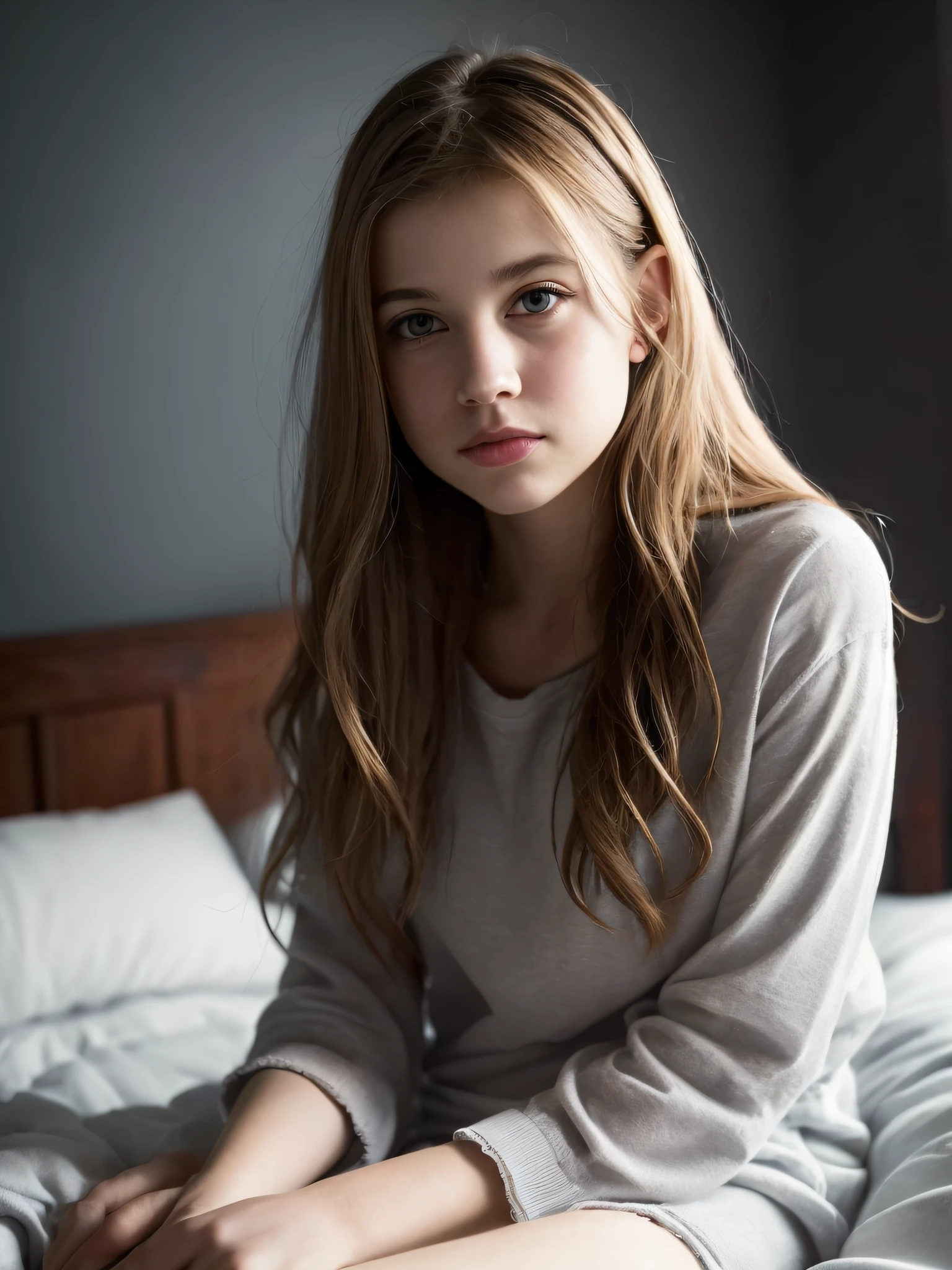 Portrait of an 18 year old cute beautiful perfect face it teen, she is happy, very beautiful Russian, raw, in bed, (dark private study, dark and moody light: 1.2)