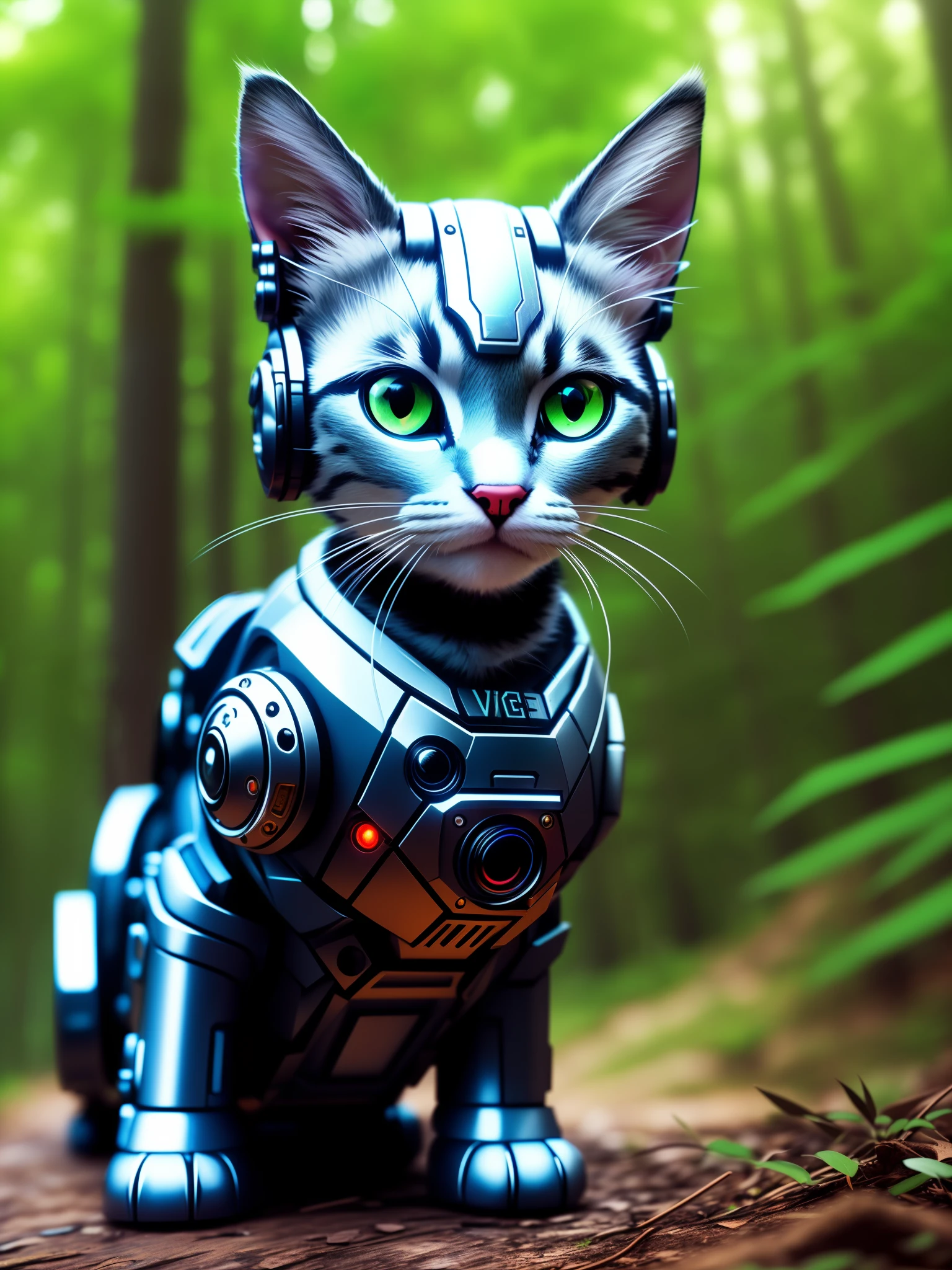 cute kitten made of metal, cyborg, cyberpunk style, (((complex detail)), hdr, ((complex detail, super detail)), cinematic shot, vignette, wide angle, in the forest, evening