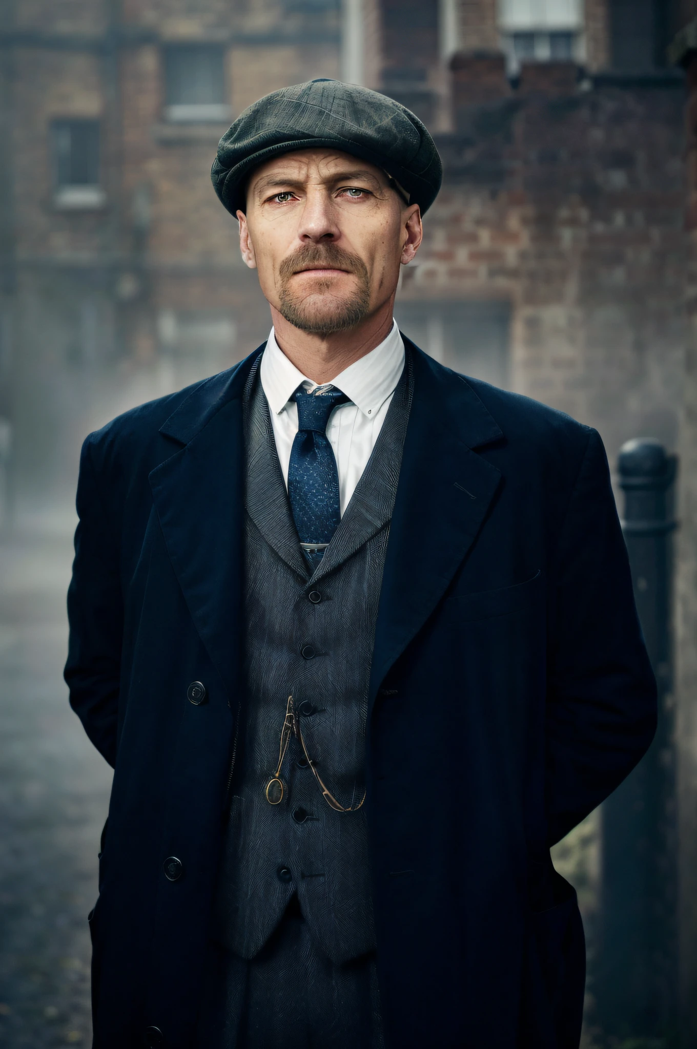 there is a man in a suit and tie standing in a street, peaky blinders, costumes from peaky blinders, peaky blinders (2018), peaky blinders gang, inspired by Max Magnus Norman, tom hardy as henry dorsett case, sherlock holmes, portrait of sherlock holmes, a suited man in a hat